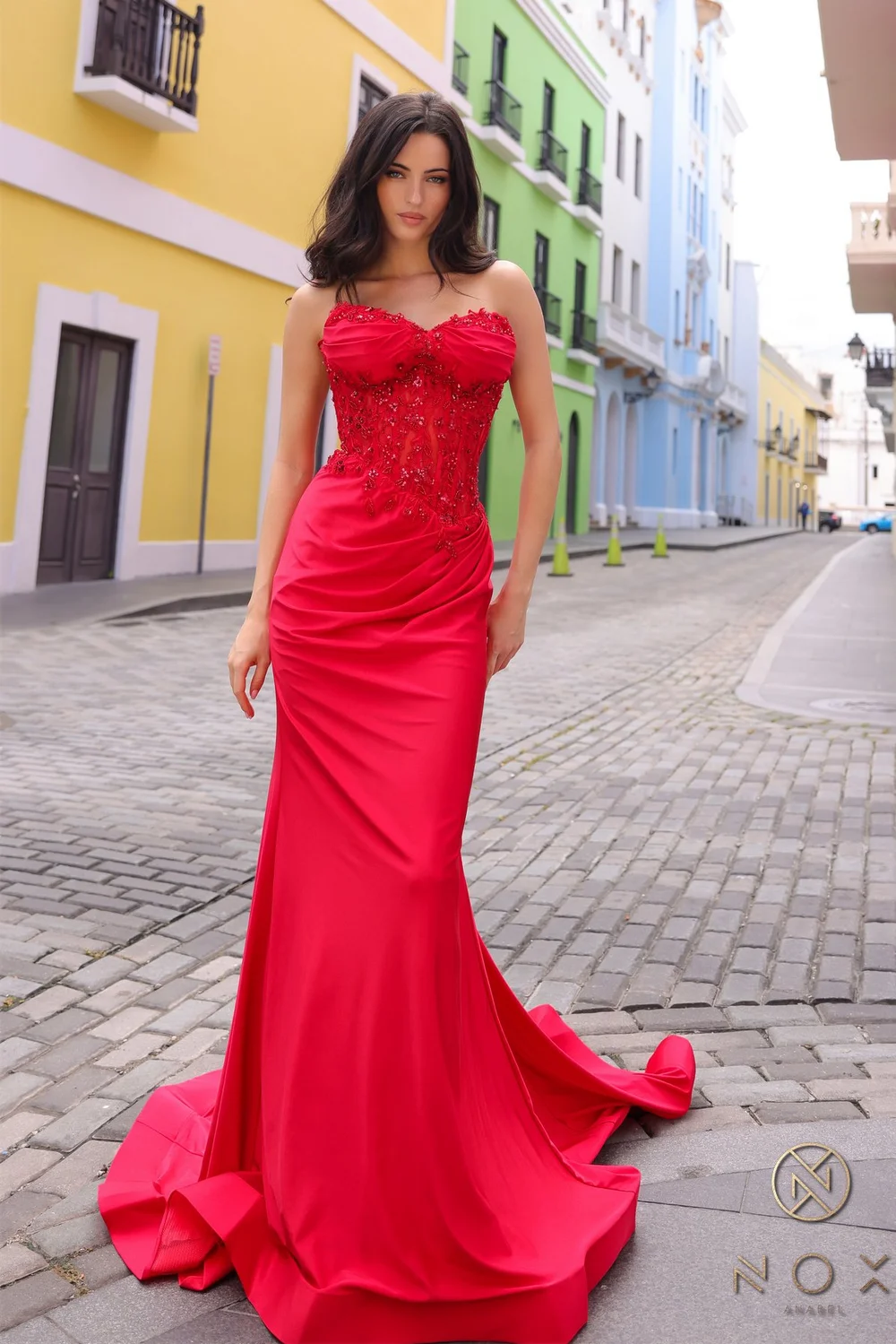 Nox C1345 Floral Applique Strapless Sweetheart Corset Mermaid Dress in Red   La Jolie MLN