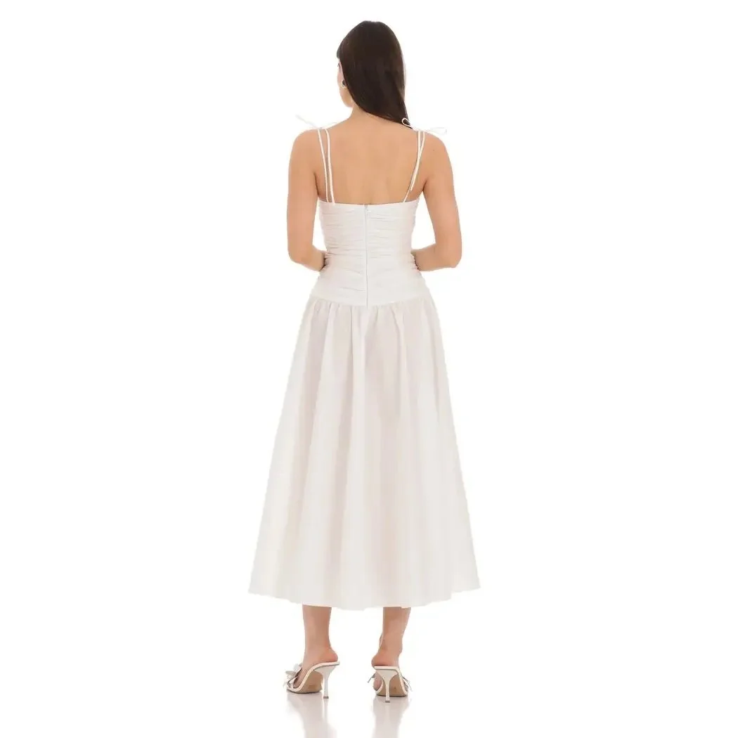 Lucy in the Sky Ruched Square Neck Midi Dress in White  La Jolie MLN