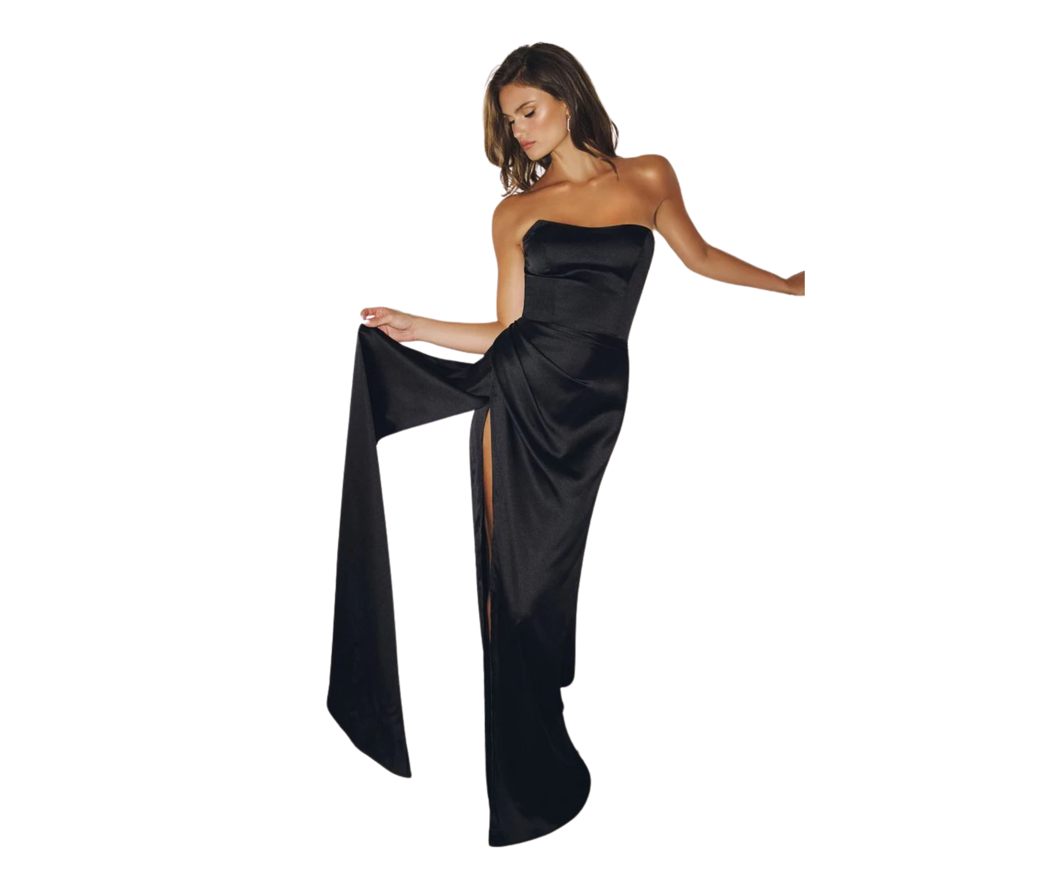 Ladivine T215 Strapless Satin Gown with Leg Slit in Black2.png