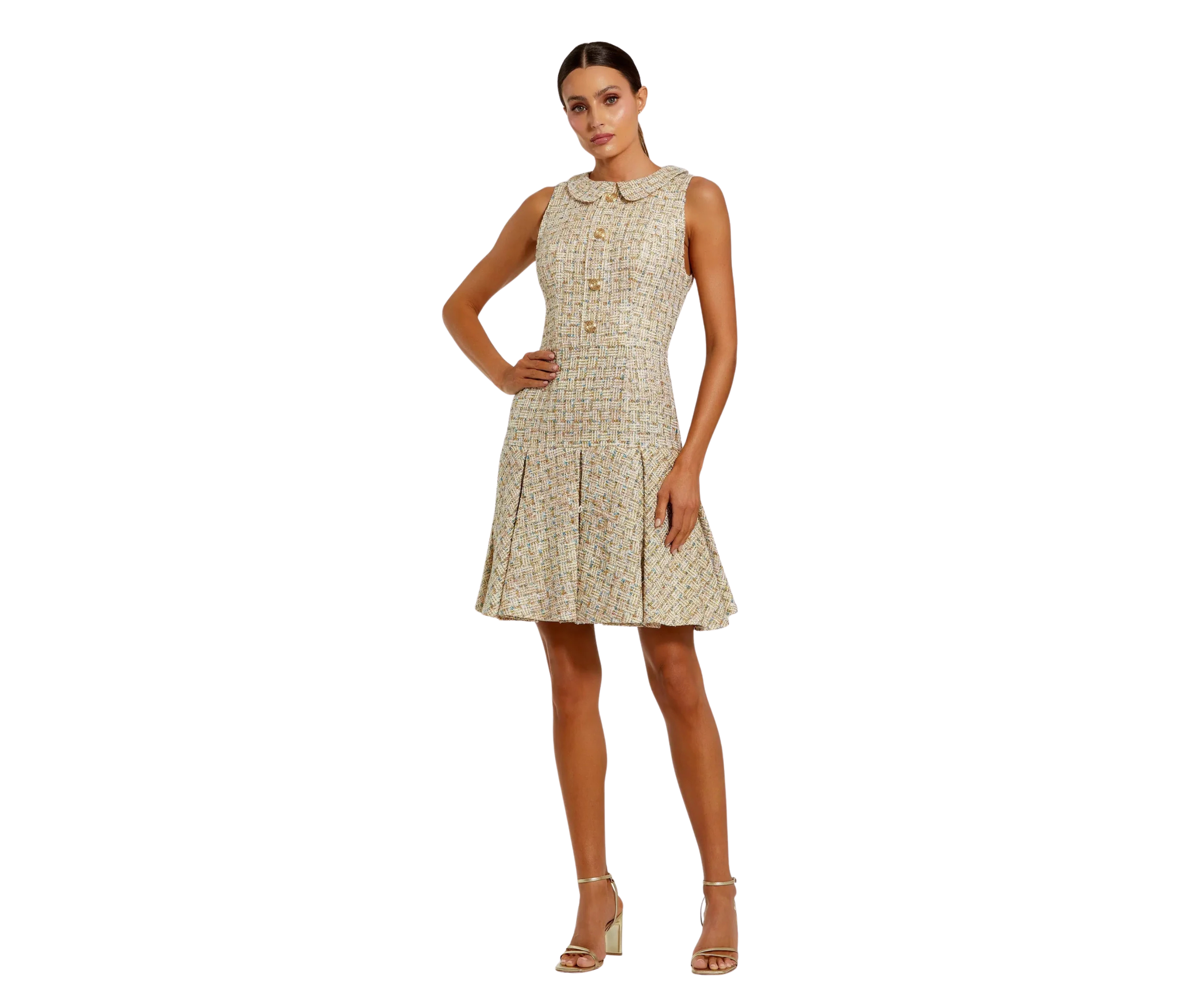 MD Gold Sleeveless Boucle Mini Dress with Pleats