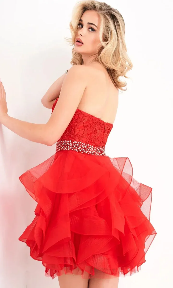 Jovani 3099 Strapless Floral Lace Short Dress Red