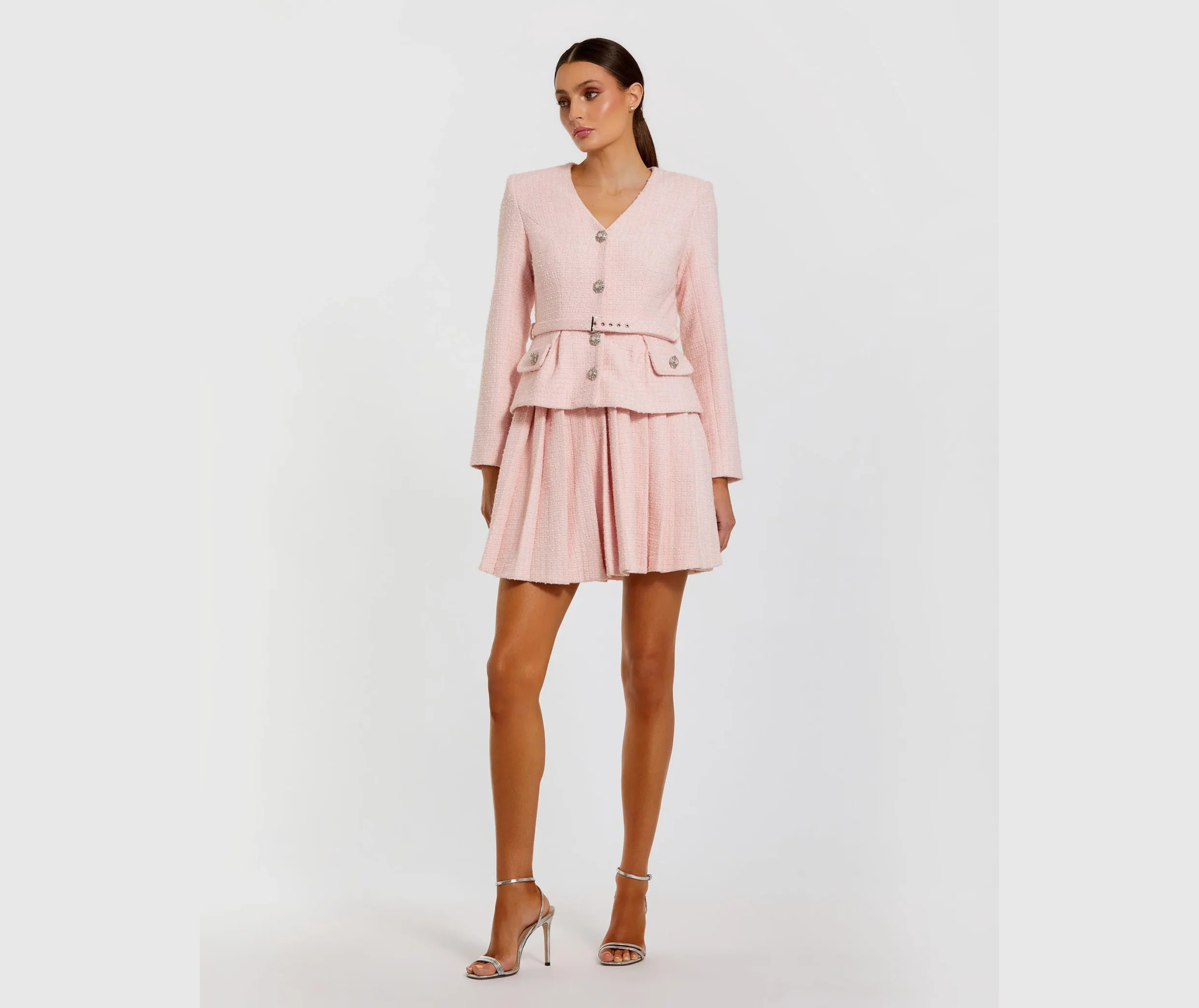 SQUARE MD Light Pink Boucle Long Sleeve V-Neck Mini Dress.png