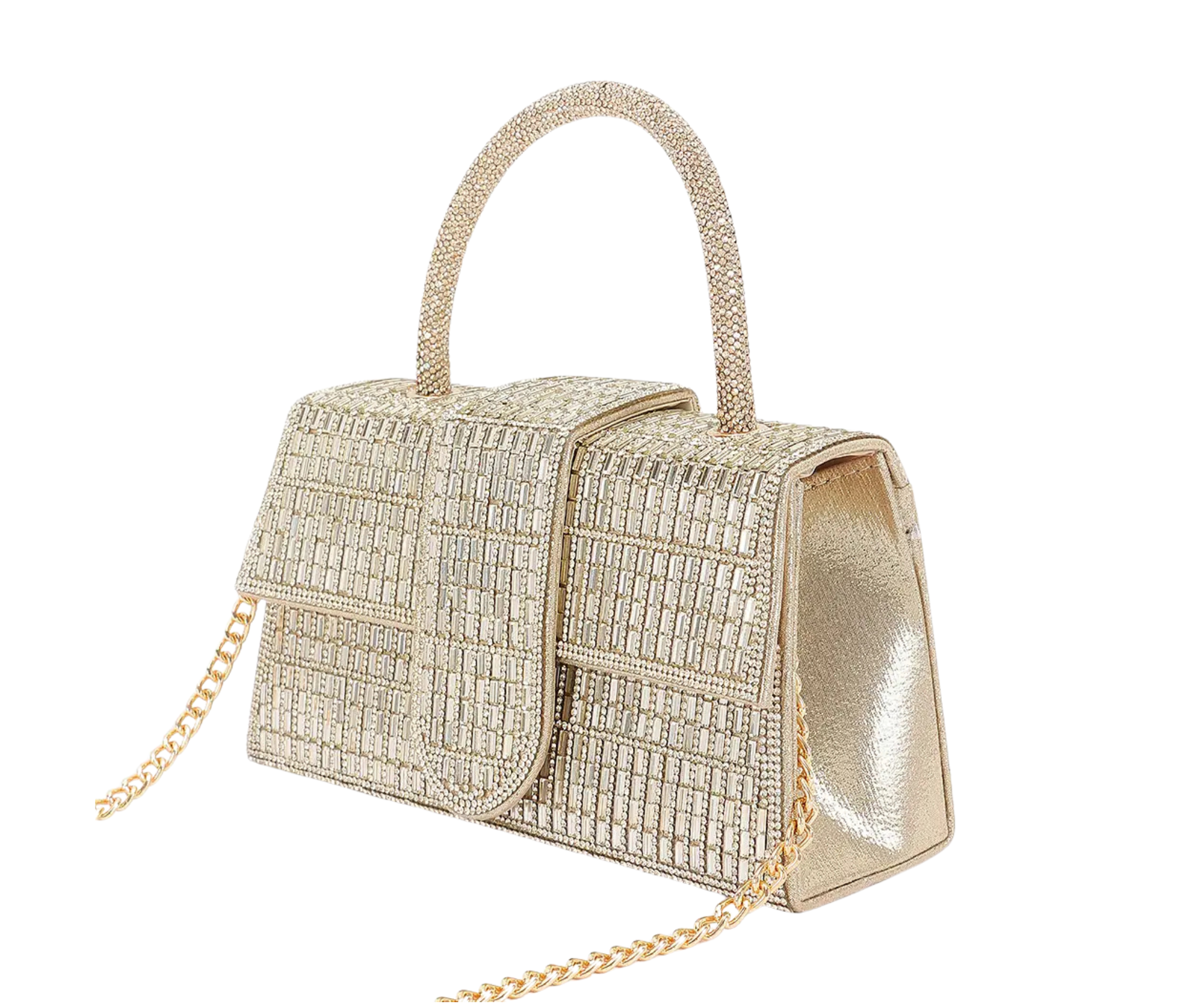 Beaded Rhinestone Party Clutch with Shoulder Strap - Gold