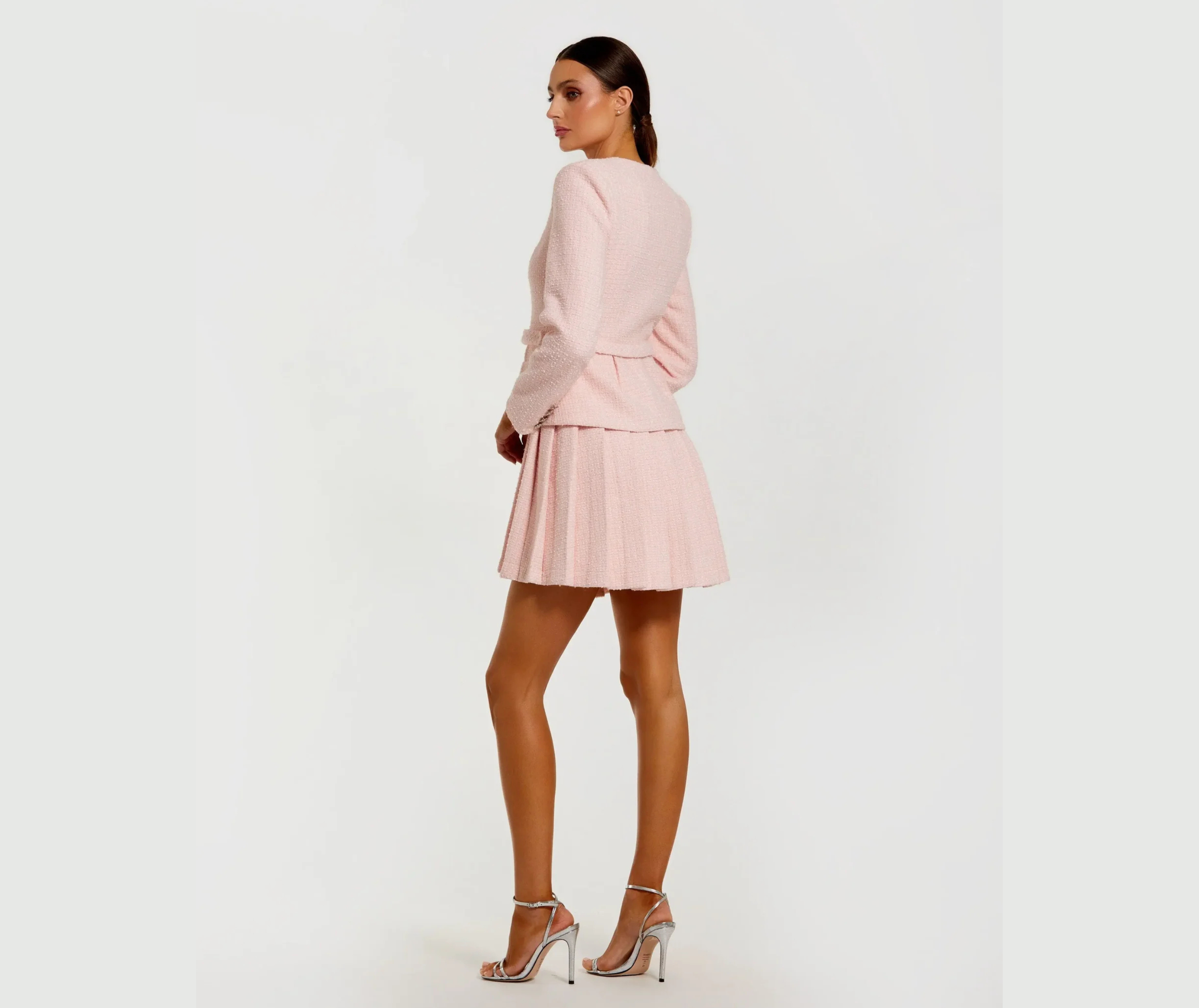 MD Light Pink Boucle Long Sleeve V-Neck Mini Dress