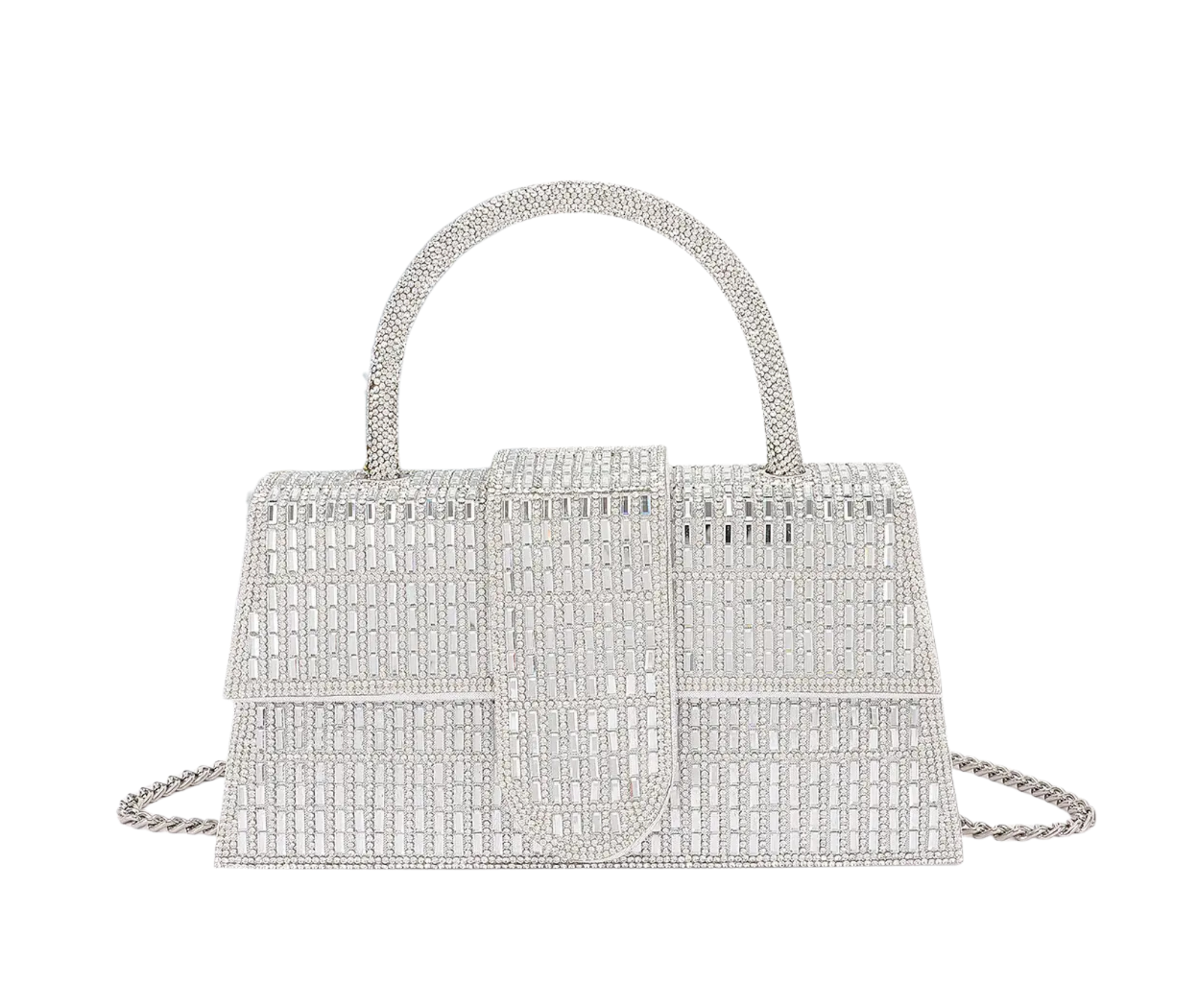 Beaded Rhinestone Party Clutch with Shoulder Strap - Silver