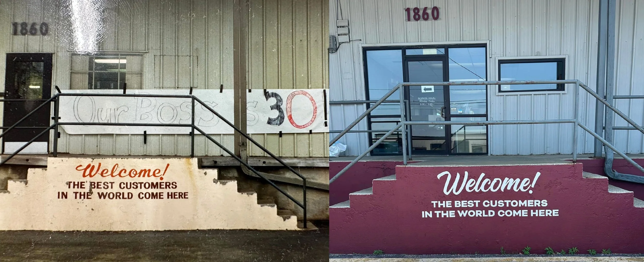 Side-by-side comparison of Empire's storefront over the years. The left storefront is old while the right storefront is newer. Both with text on the stairs that say 'Welcome! The best customers in the world come here'.
