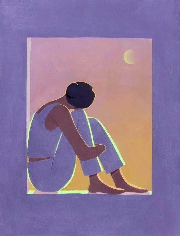 Illustration: Frau sieht auf Fensterrahmen und schaut nachdenklich zum Mond