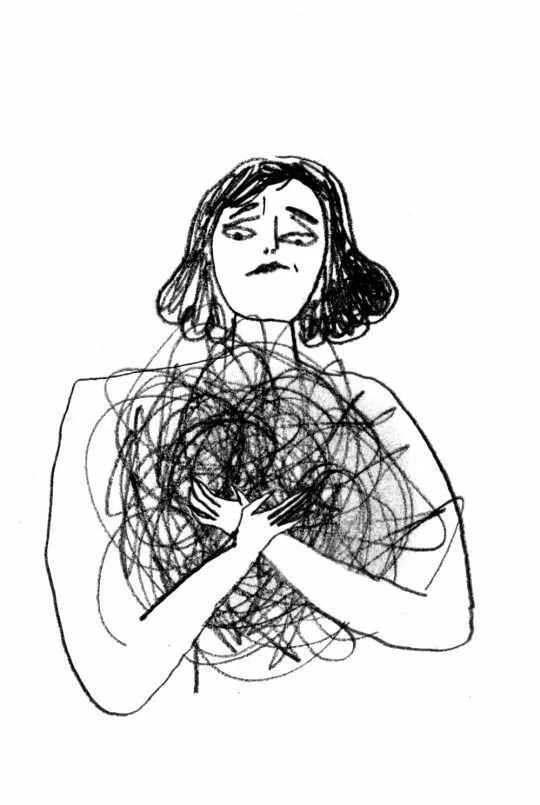 Illustration: Eine Frau hält ein Knäuel aus Chaos in der Hand – es wirkt wie ein Bündel negativer Gefühle.