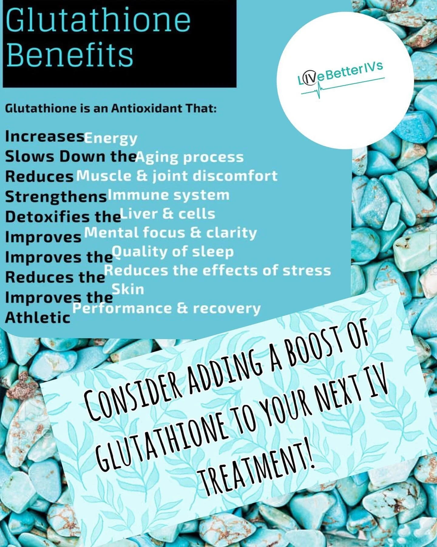 With all the great benefits glutathione brings to the body,  consider adding it on as to enhance your next IV Therapy Treatment! Contact us today to book one of our great services! 💧
&bull;
&bull;
&bull;
#LiveBetterIVs #Health  #Wellness #IVDrips #V