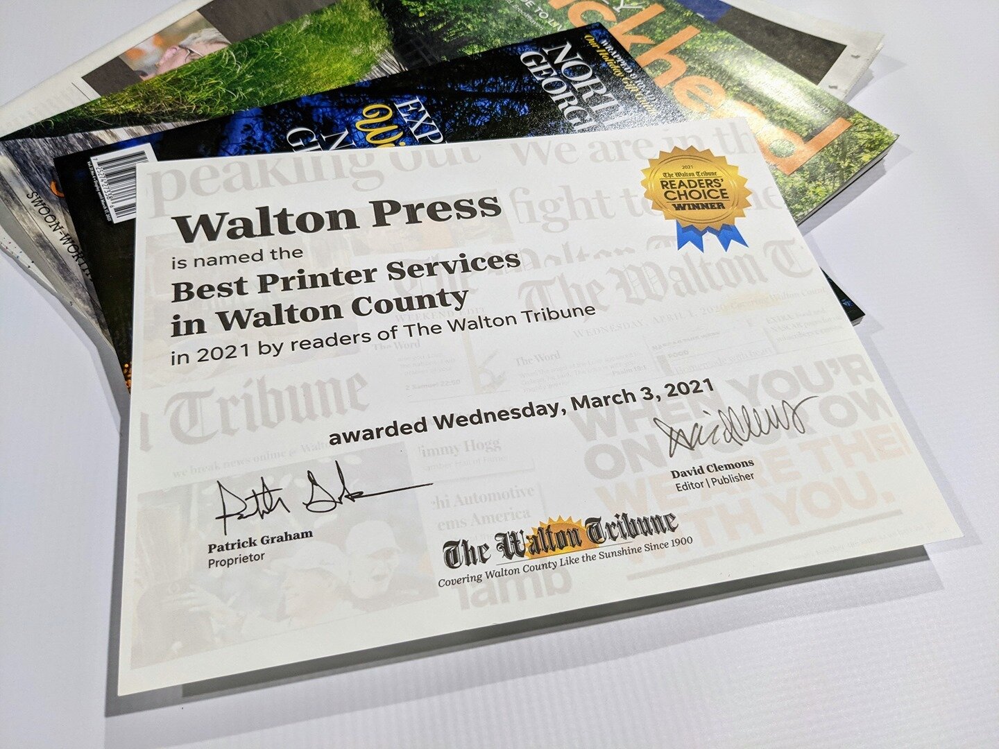 We are honored to be named 'Best Printer Services in Walton County' in 2021 by readers of The Walton Tribune! #waltonpride #waltontribune #printer #community