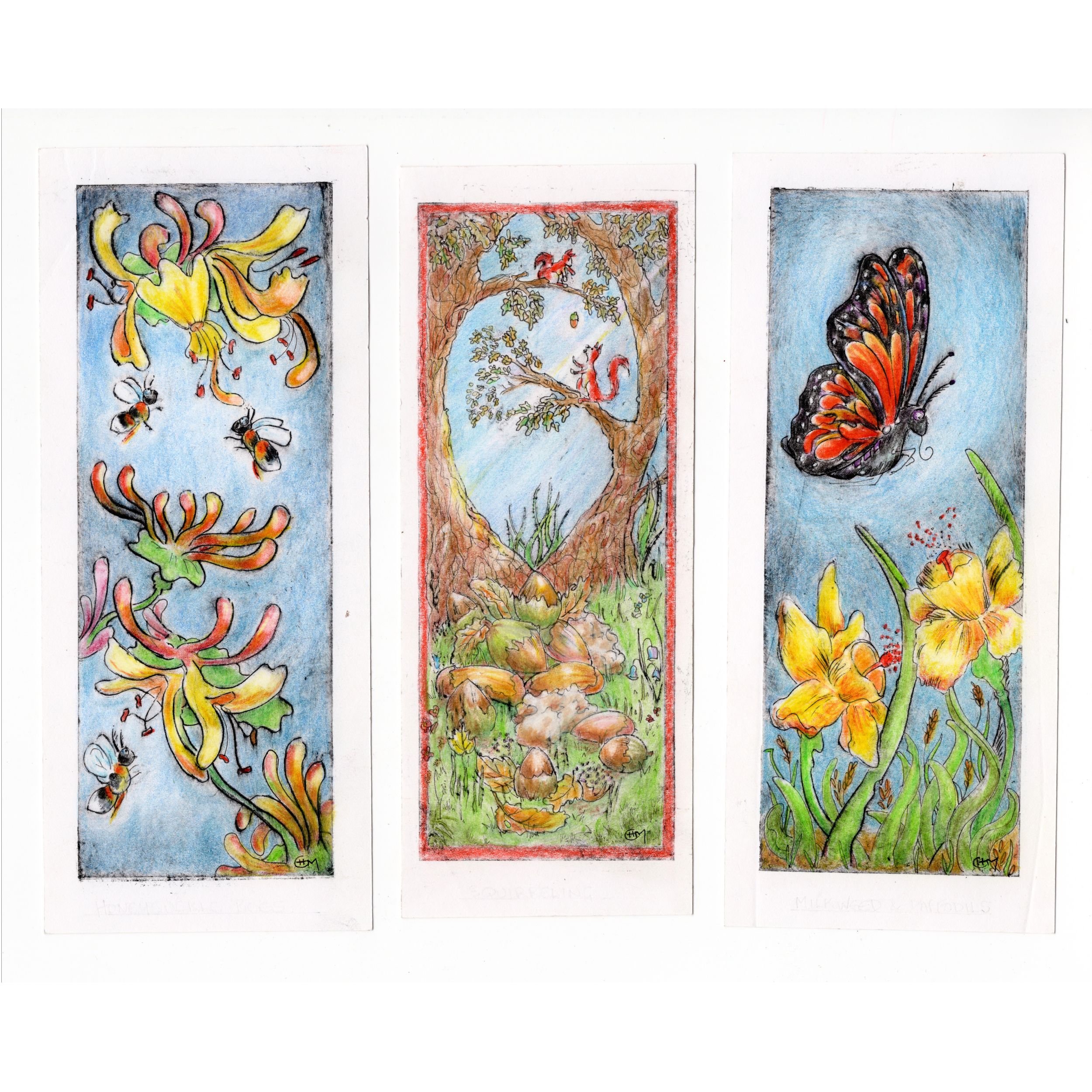 Honeysuckle bees, Milkweed and daffs, Squirrels (triptych) - thumbnail.jpg
