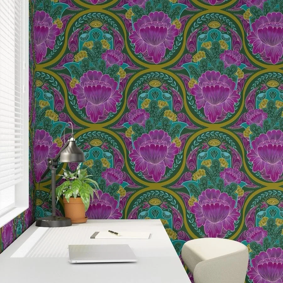 Just realized there are some new, beautiful mockups in @spoonflower for wallpaper! This is my latest Jewel Tone Boho Hamsa Floral in largest scale! I might actually have to put this somewhere in my own home! Time for a mini reno! Voting opens tomorro