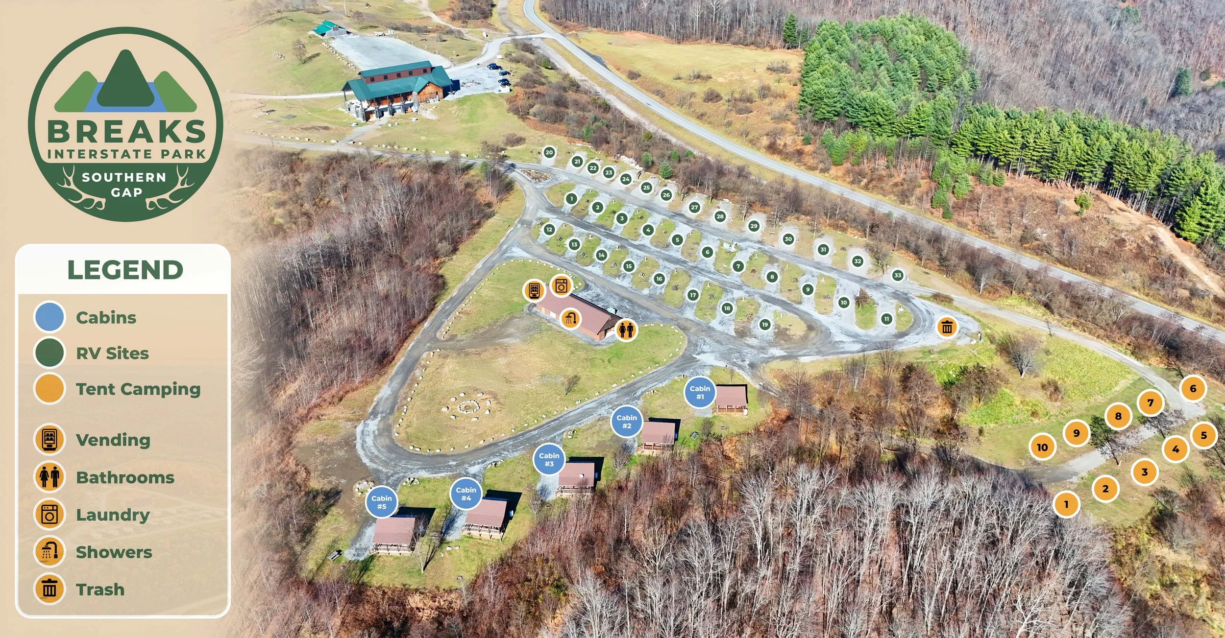 Aerial view of a campground at Breaks Interstate Park, Southern Gap, showing cabins, RV sites, tent camping areas, a pavilion, bathrooms, laundry, showers, and trash bins, with an illustrated legend on the left and trees on the outskirts.