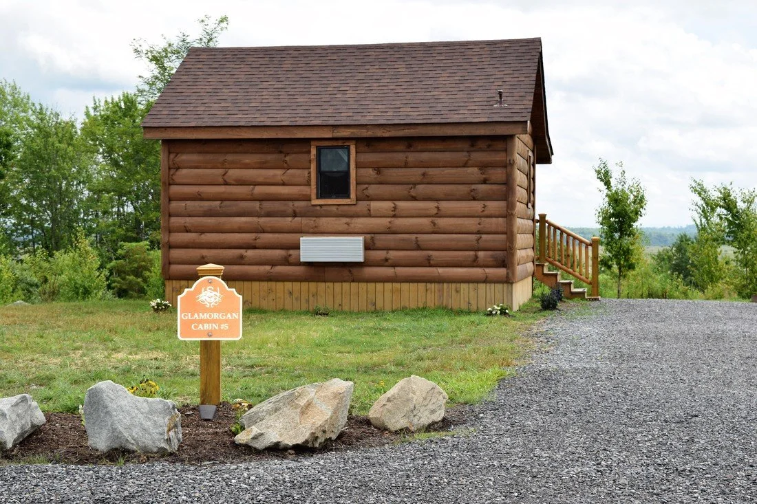 A small log cabin with a brown shingled roof, situated on a green lawn with a gravel driveway leading to it. There is a sign in front of the house that reads 'Glamorgan Cabin #5'. The background shows trees and a cloudy sky.