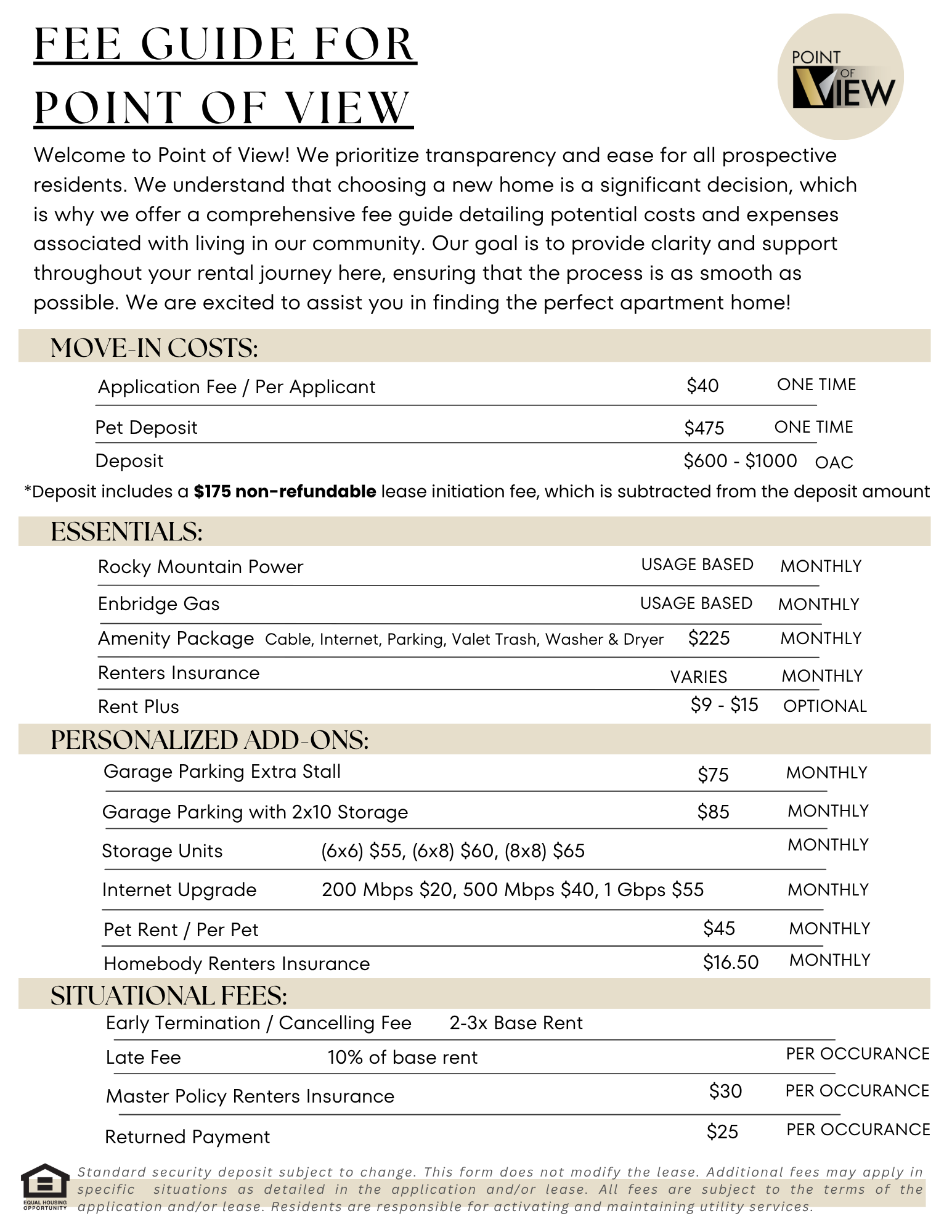 Fee guide for Point of View apartment community. Includes move-in costs, essentials, situational fees, and a note about security deposit. Top right logo says "Point of View" with a gold and gray logo. Bottom left logo says "Equal Housing Opportunity" with a house icon.