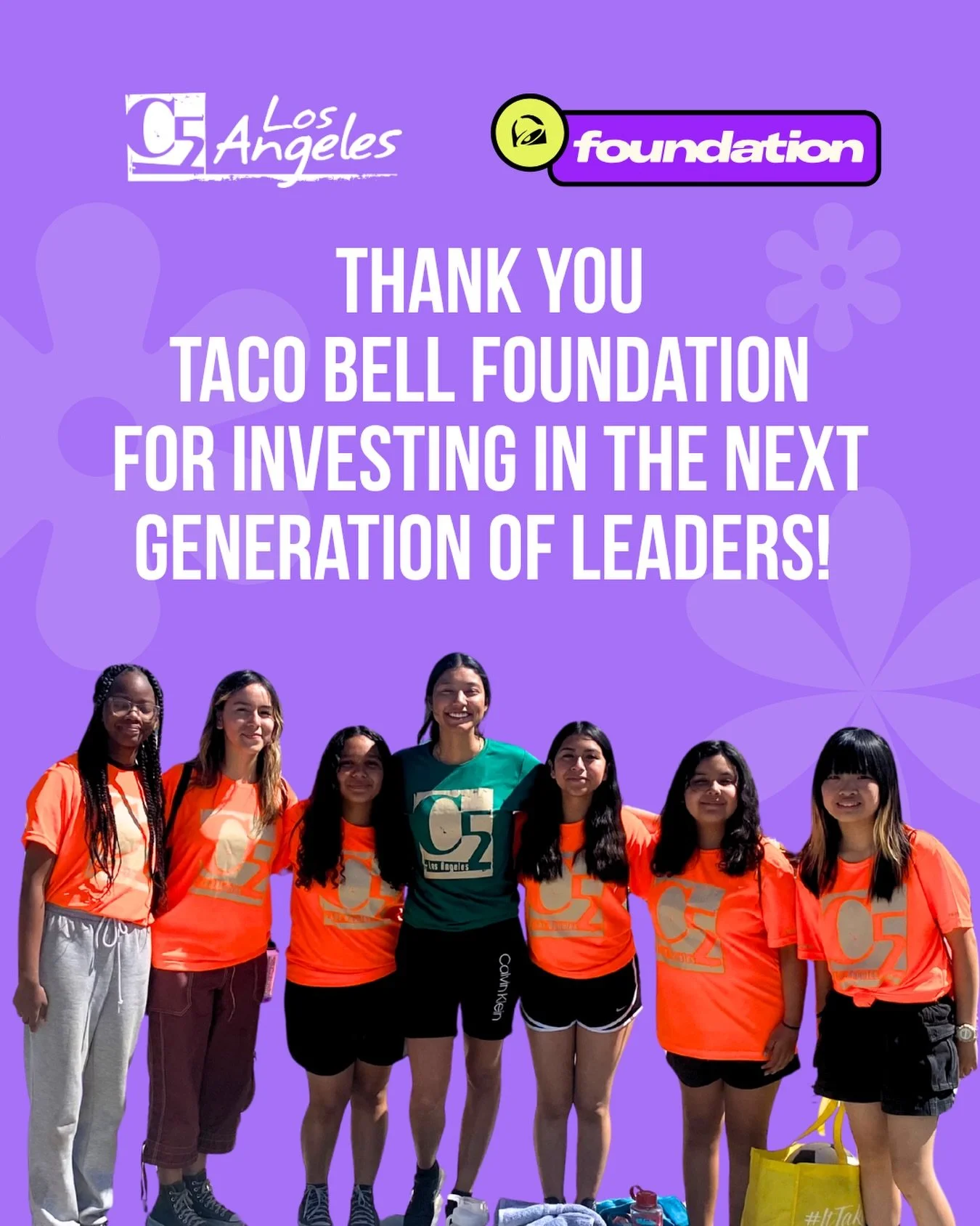 Thank you to the Taco Bell Foundation for investing in the next generation of Leaders! 

Thank you for Rounding Up at your local Taco Bell restaurant! 

#C5LA #TacoBellFoundation #CommunityGrants #YouthEducation #CommunityImpact