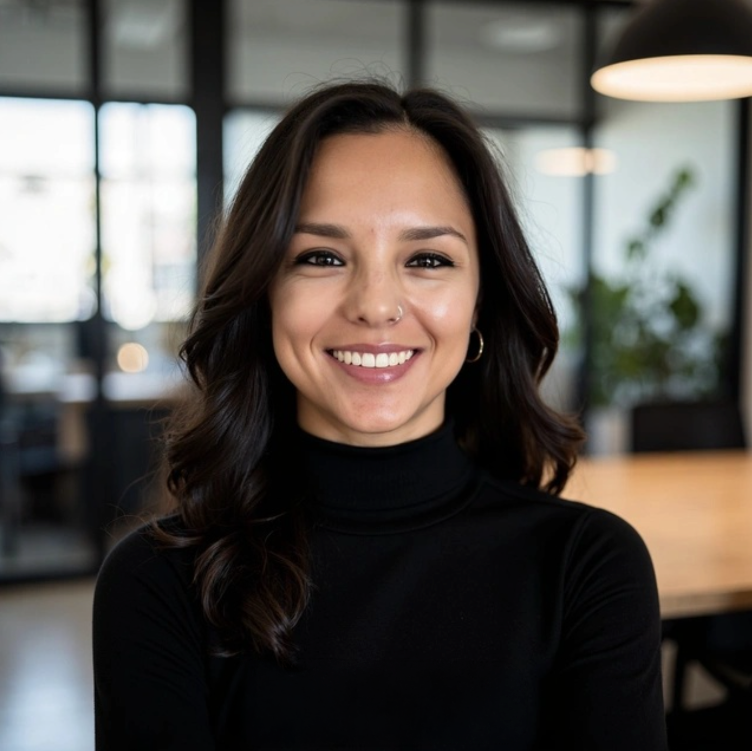 A young woman with long dark hair, wearing glasses, a nose ring, a necklace, and a green shirt, smiling at the camera against a white background.