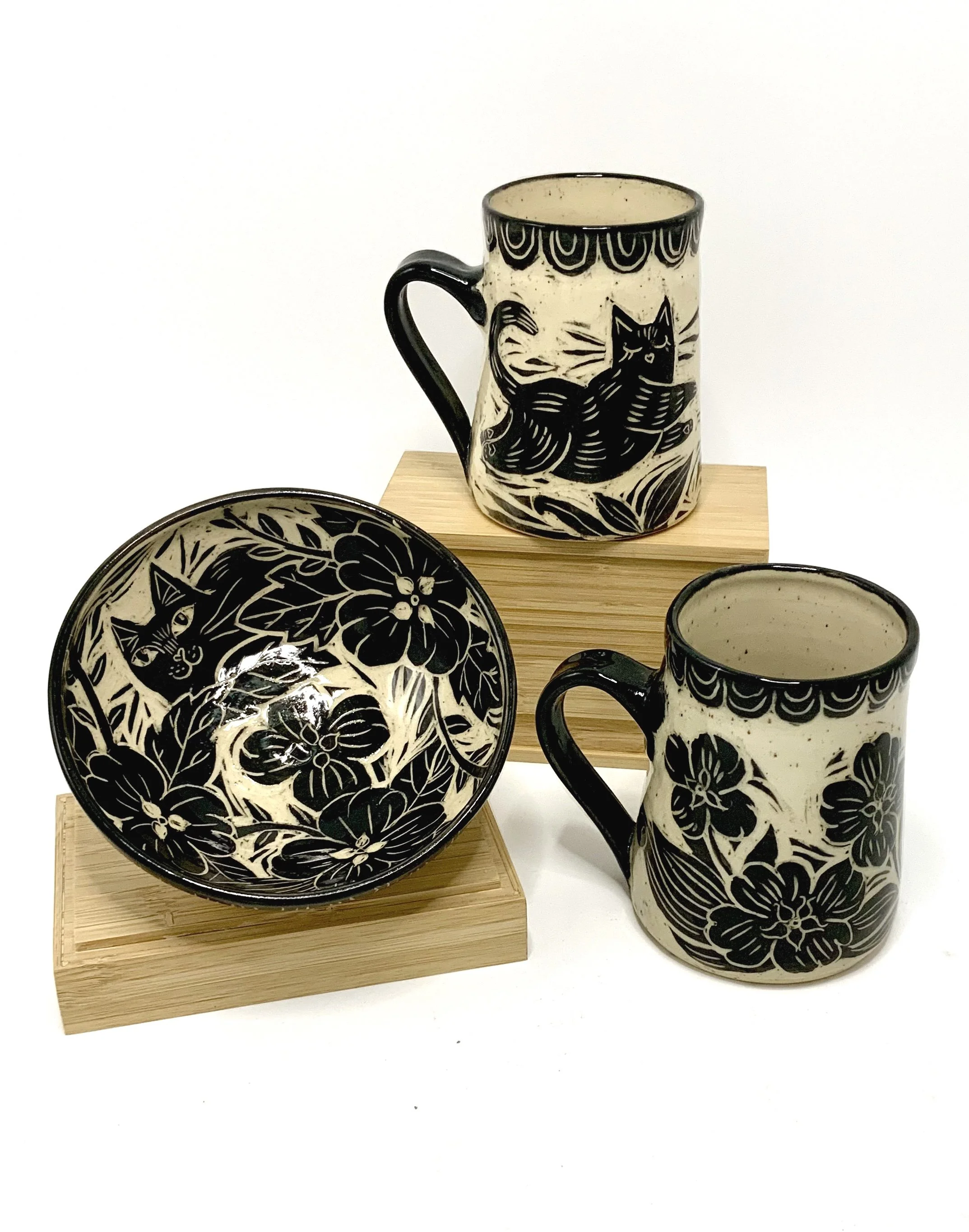 Dancing Cat Collection! These handmade mugs are decorated using the Sgraffito method. 