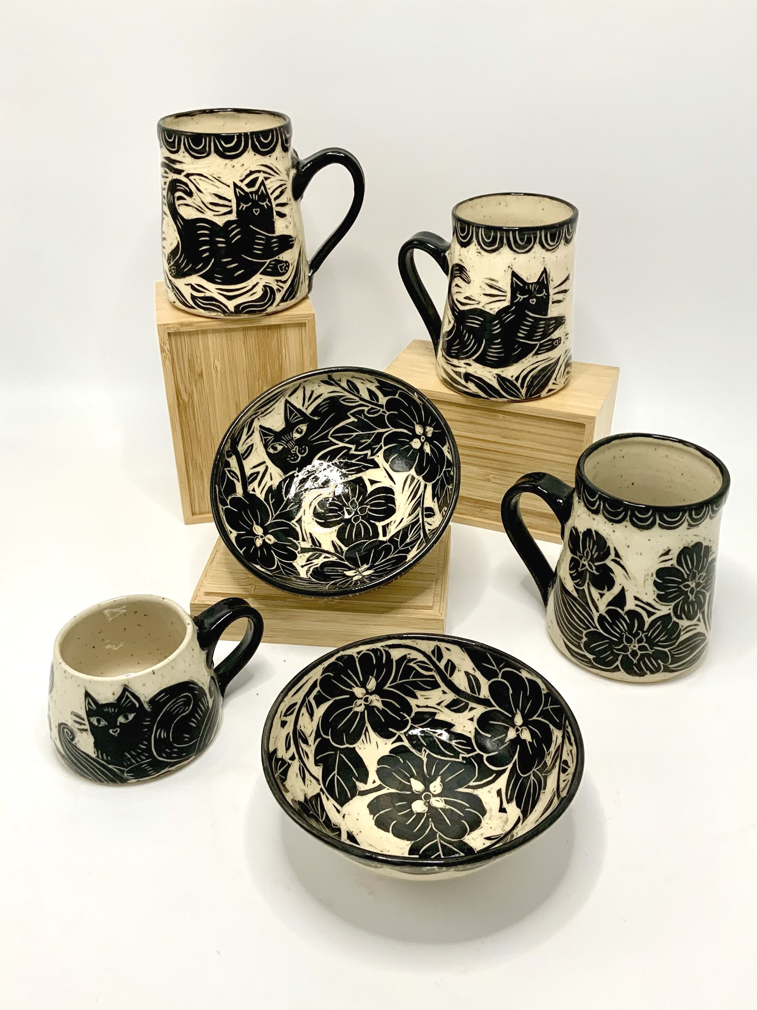 Dancing Cat Collection! These handmade mugs are decorated using the Sgraffito method. 