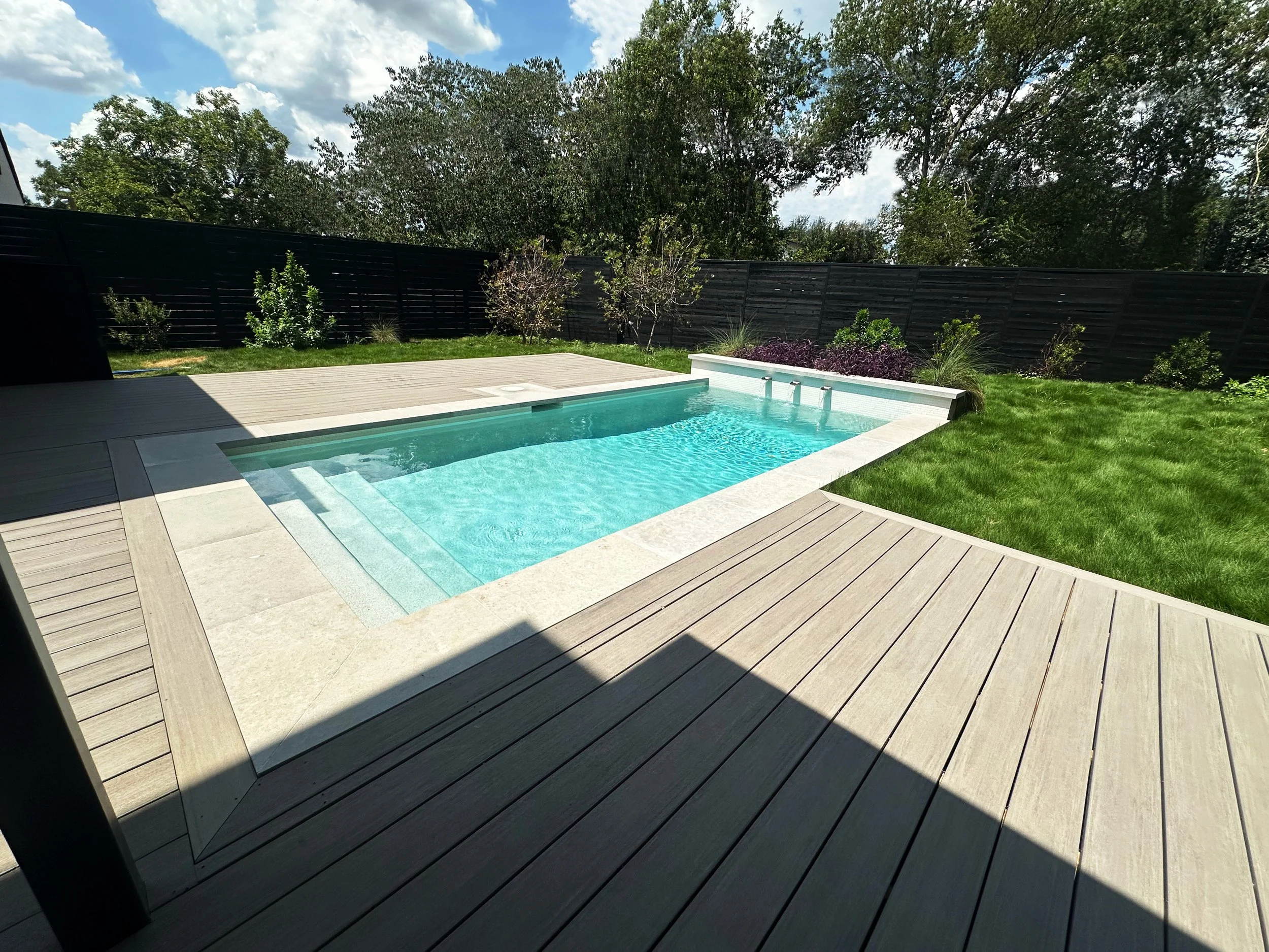 Modern pool with Charcoal Lueders coping, pool entry steps, and two-tone deck in a landscaped backyard