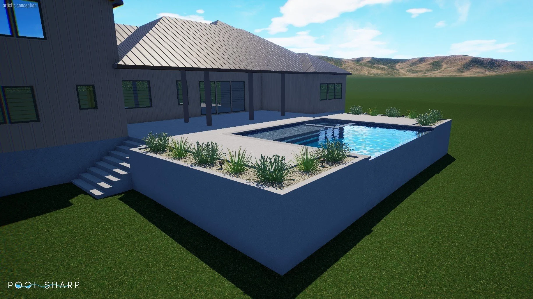 Pool built high above grade requiring extra forming and retaining walls