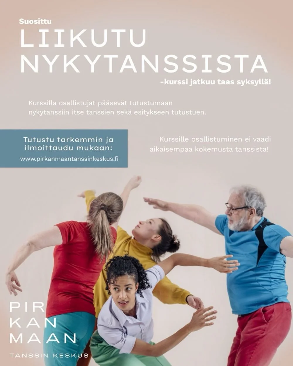 Suosittu Liikutu nykytanssista -kurssi jatkuu syksyll&auml; 2026 @pirkanmaantanssinkeskus ✨ Kurssilla osallistujat p&auml;&auml;sev&auml;t tutustumaan nykytanssiin itse tanssien sek&auml; esitykseen tutustuen. Kurssi on avoin kaikille aikuisille, eik