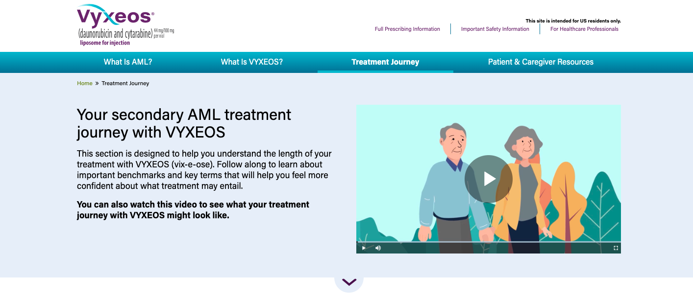 Patient-facing website for vyxeos.com. I created a “patient journey” to walk patients through their diagnosis and treatment with VYXEOS, so they could better prepare for what treatment would entail.