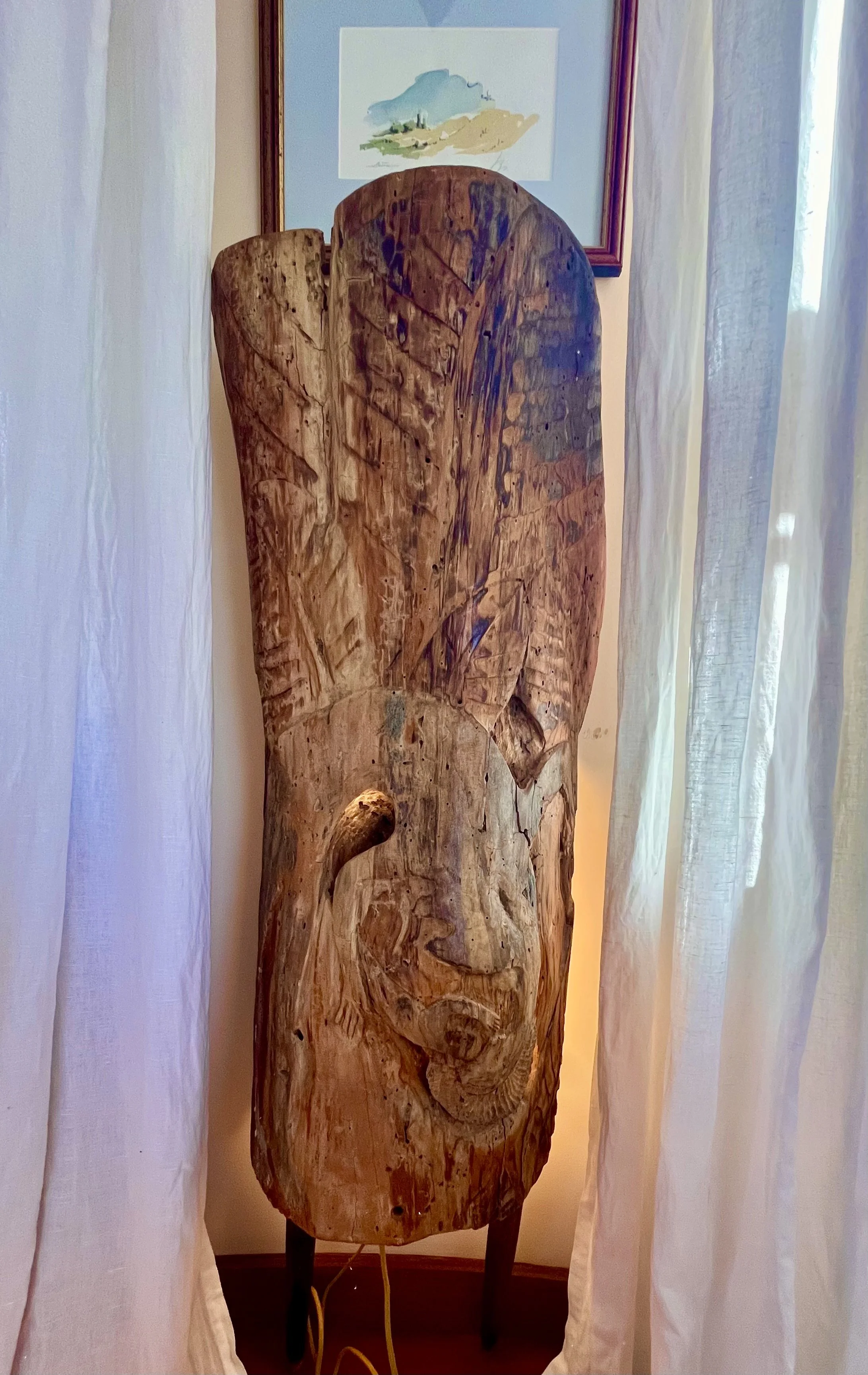 Carved Log Light Sculpture by Michael Littlewood Biddison. Watercolor by Helena's Father Paul Michael Pielen.