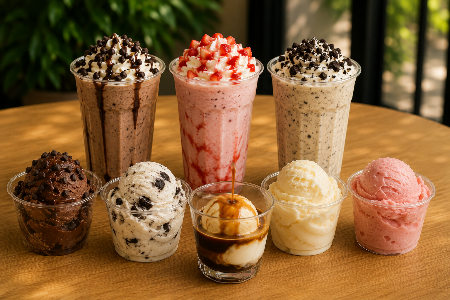 Assorted ice cream sundaes and milkshake drinks with toppings on a wooden table.