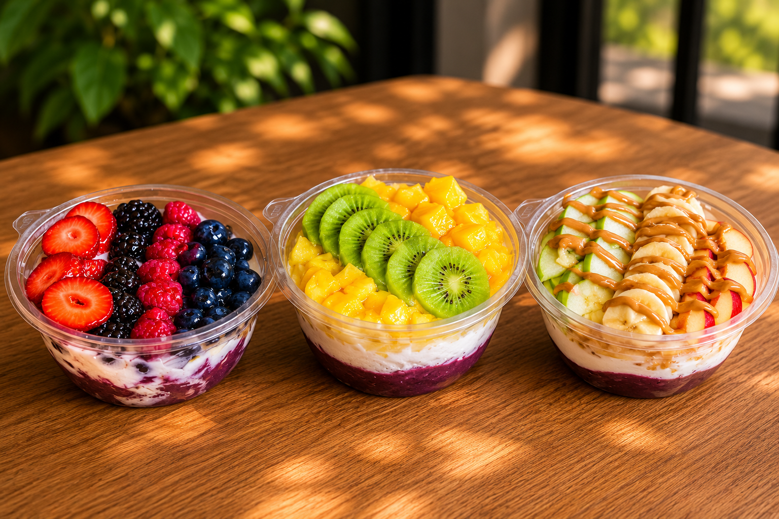 Three clear plastic cups filled with layered fruit salads on a wooden table, featuring strawberries, blackberries, and raspberries in one, kiwi and mango in another, and bananas, apples, and drizzled caramel in the last, with a background of blurred greenery and sunlight.