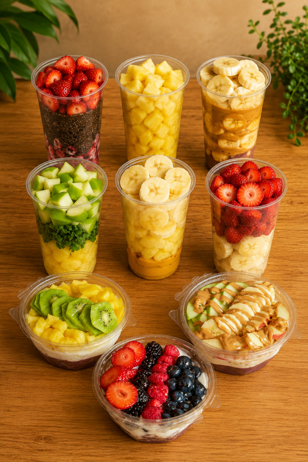 An assortment of fruit cups on a wooden surface, including strawberries, pineapple, banana, honeydew, kiwi, blueberries, blackberries, raspberries, and mixed fruit with caramel drizzle.