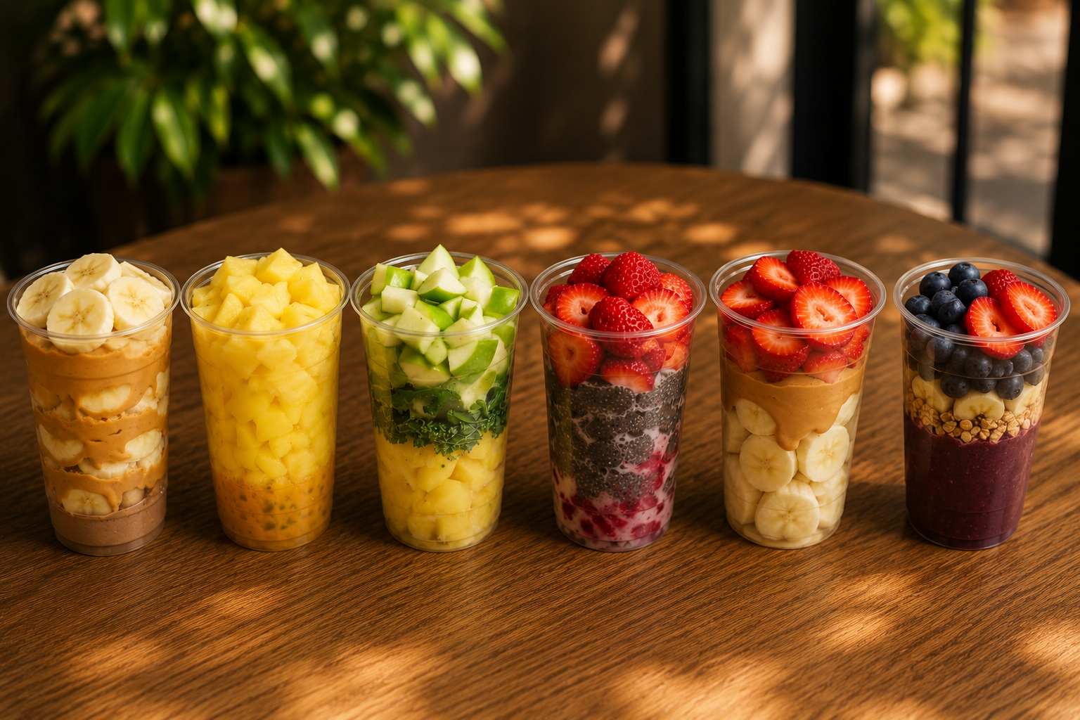 Fresh fruit smoothies and healthy drinks at Cravings Washington DC: Six transparent cups filled with layered fruit and yogurt parfaits, featuring banana, pineapple, cucumber, berry, strawberry, and blueberry toppings, arranged on a wooden table outdo