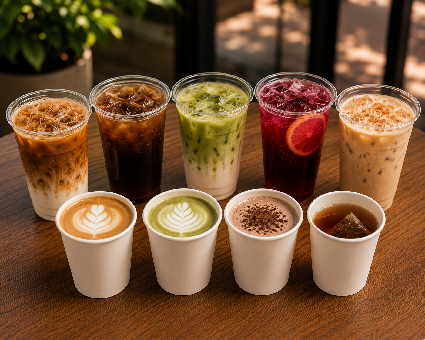 Assorted iced beverages and hot drinks on a wooden table, including iced tea, iced coffee, green tea latte, berry iced drink with lemon, Thai iced tea, and different lattes in cups.