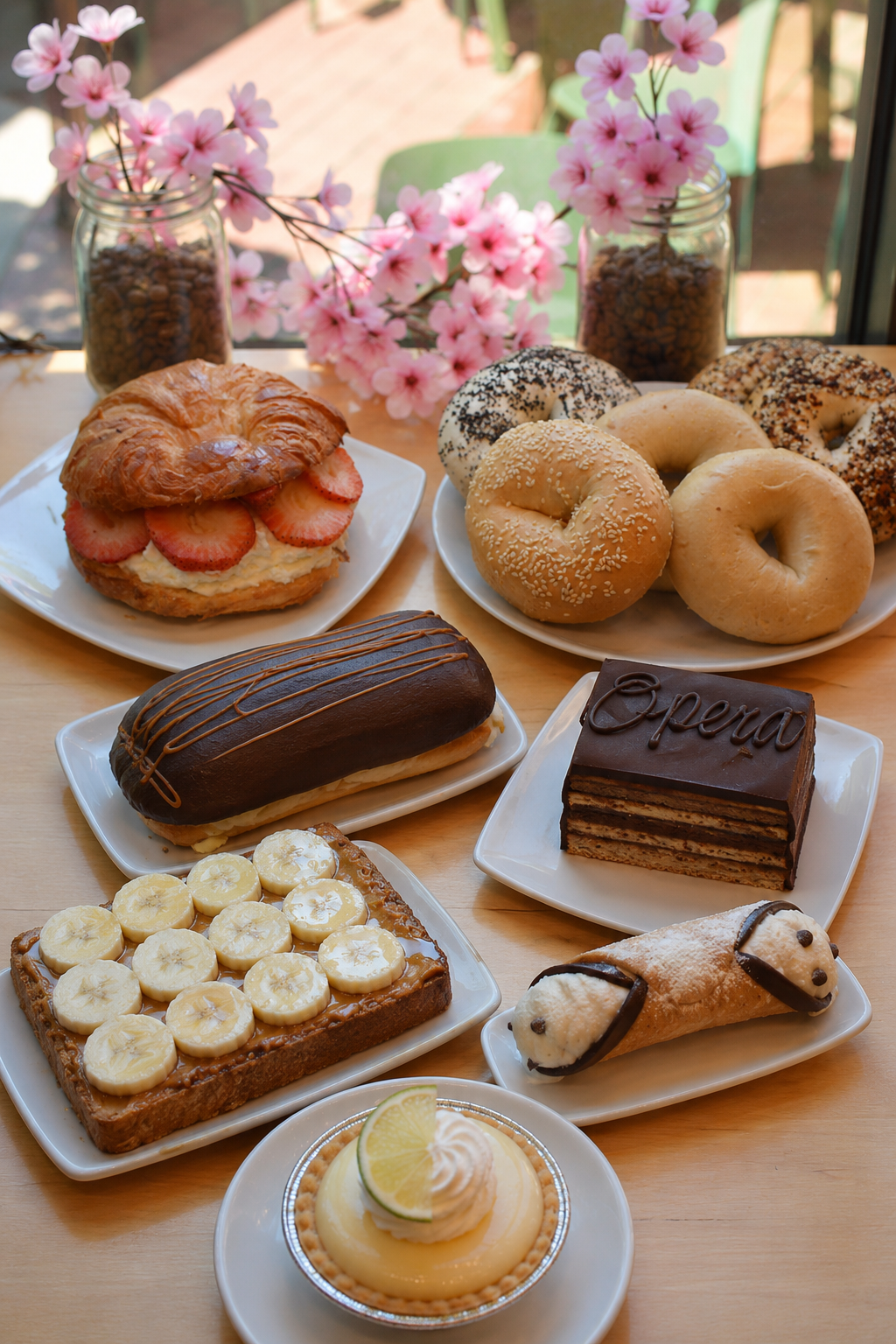 An assortment of bakery items on plates, including a croissant sandwich with strawberries and cream, various bagels, donuts, a chocolate cake with the word 'Open' on top, banana and lemon tart, and an éclair, with pink cherry blossom flowers in the background.
