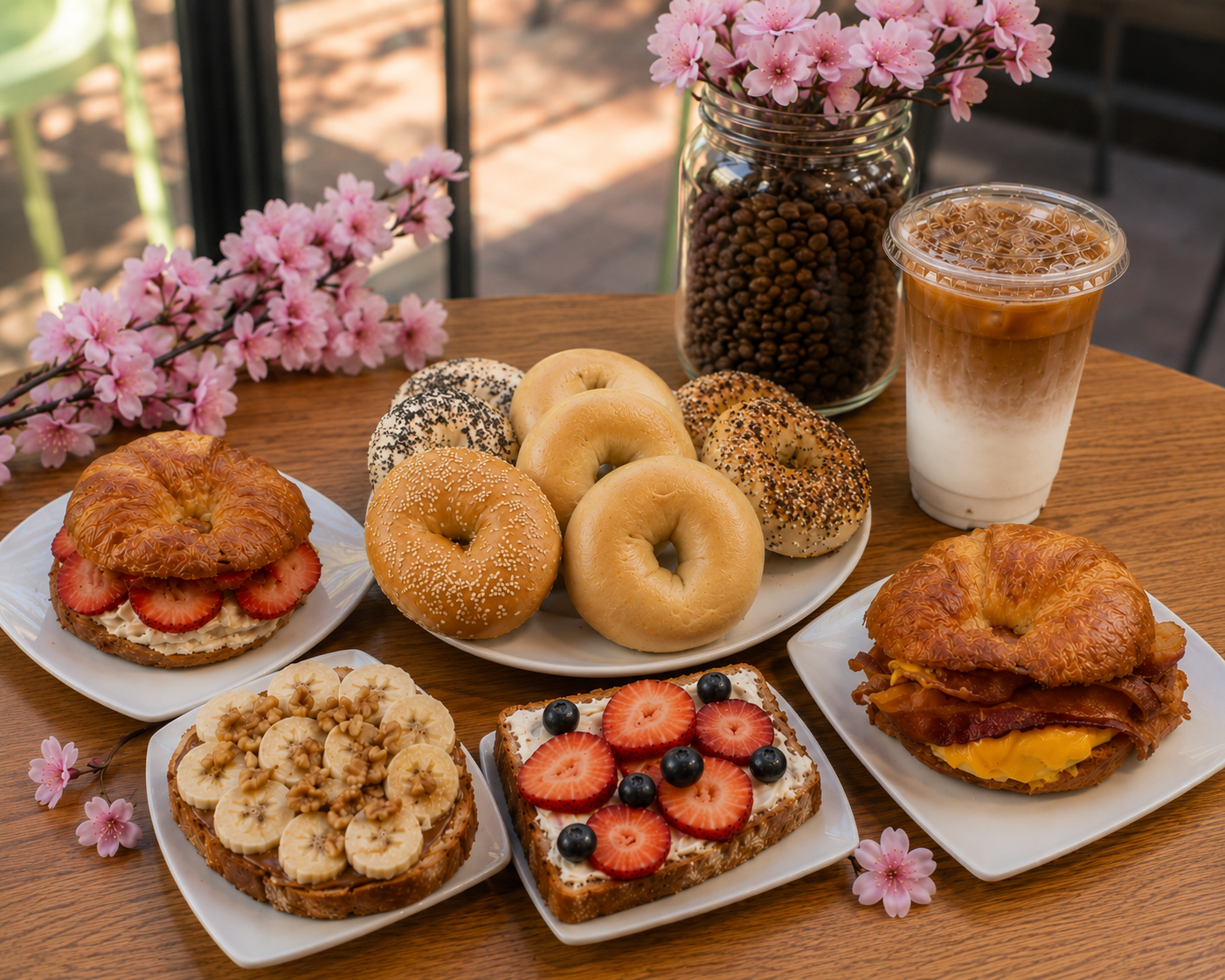 Assorted bagels with cream cheese, strawberries, bananas, blueberries, walnuts, and honey, alongside an iced coffee, chocolates, and pink flowers on a wooden table.