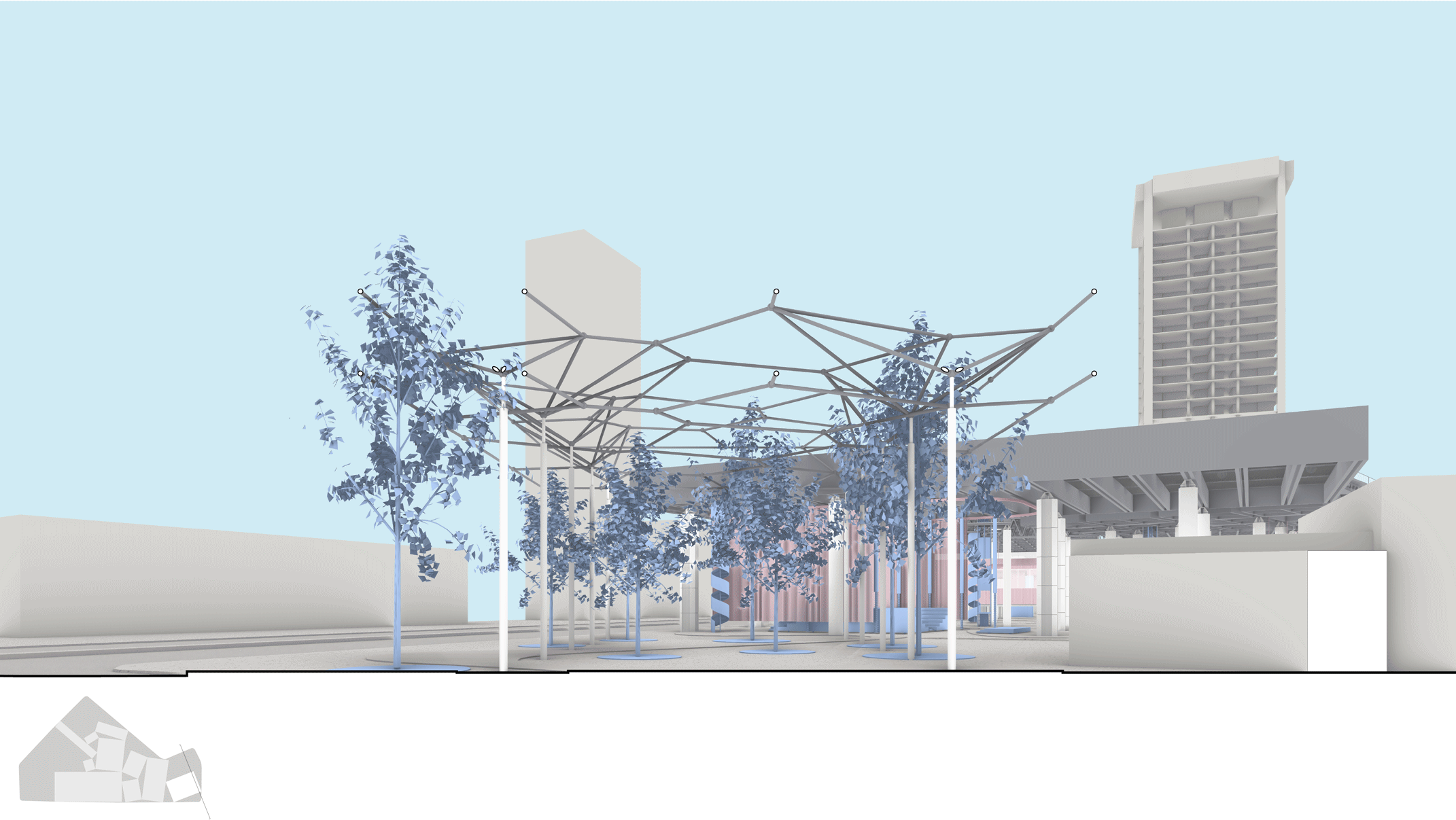 The project builds ten structurally independent tables. Due to the consistent effort to maintain the datum above and below the roof, the lifted archipelago becomes a unity of parts.