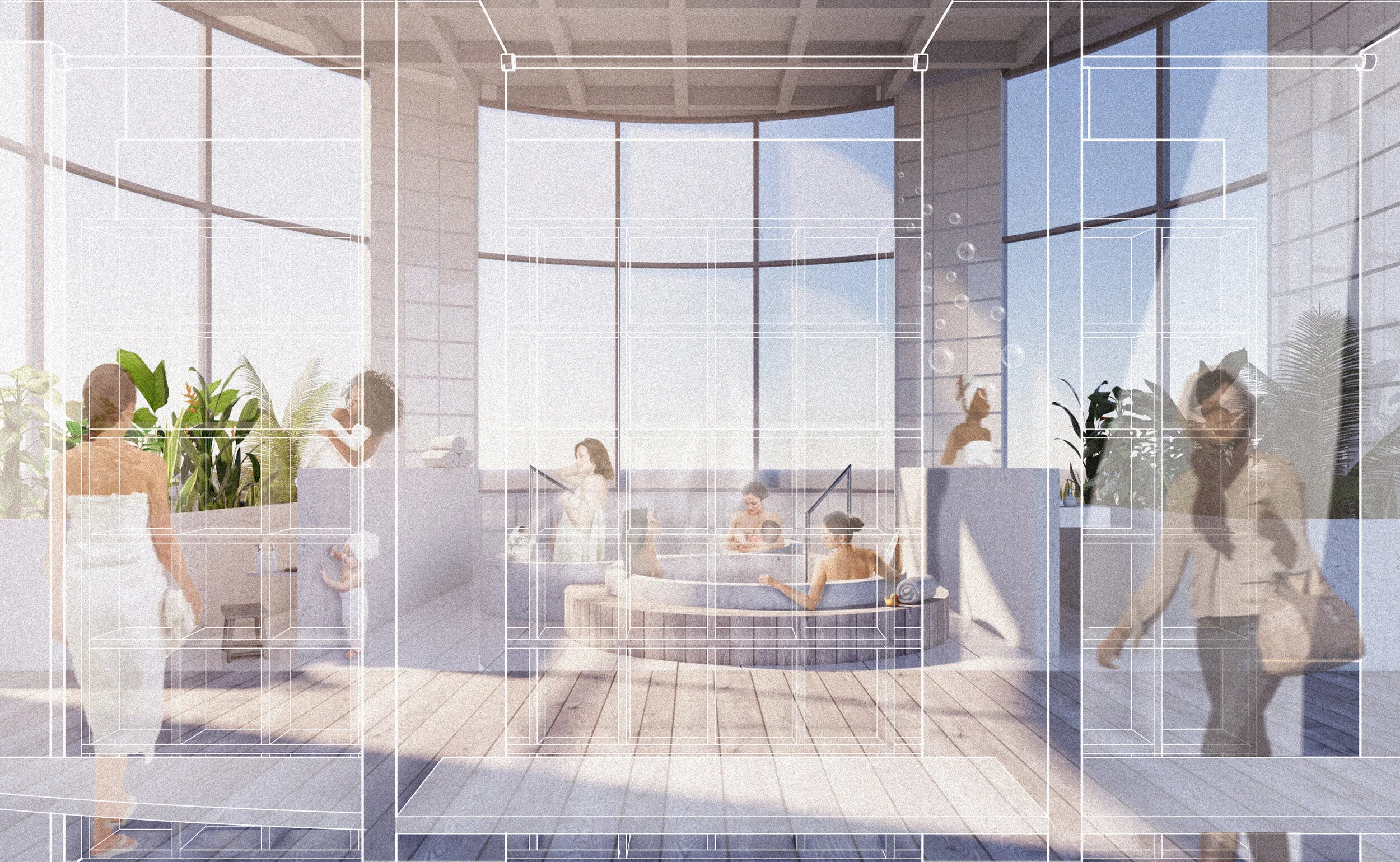 With high double-height ceilings and tall glazed windows, the baths are modeled after the program of sentos and onsens. The space provides different water experiences: for example, different temperatures of baths that mothers and their kids are welc…