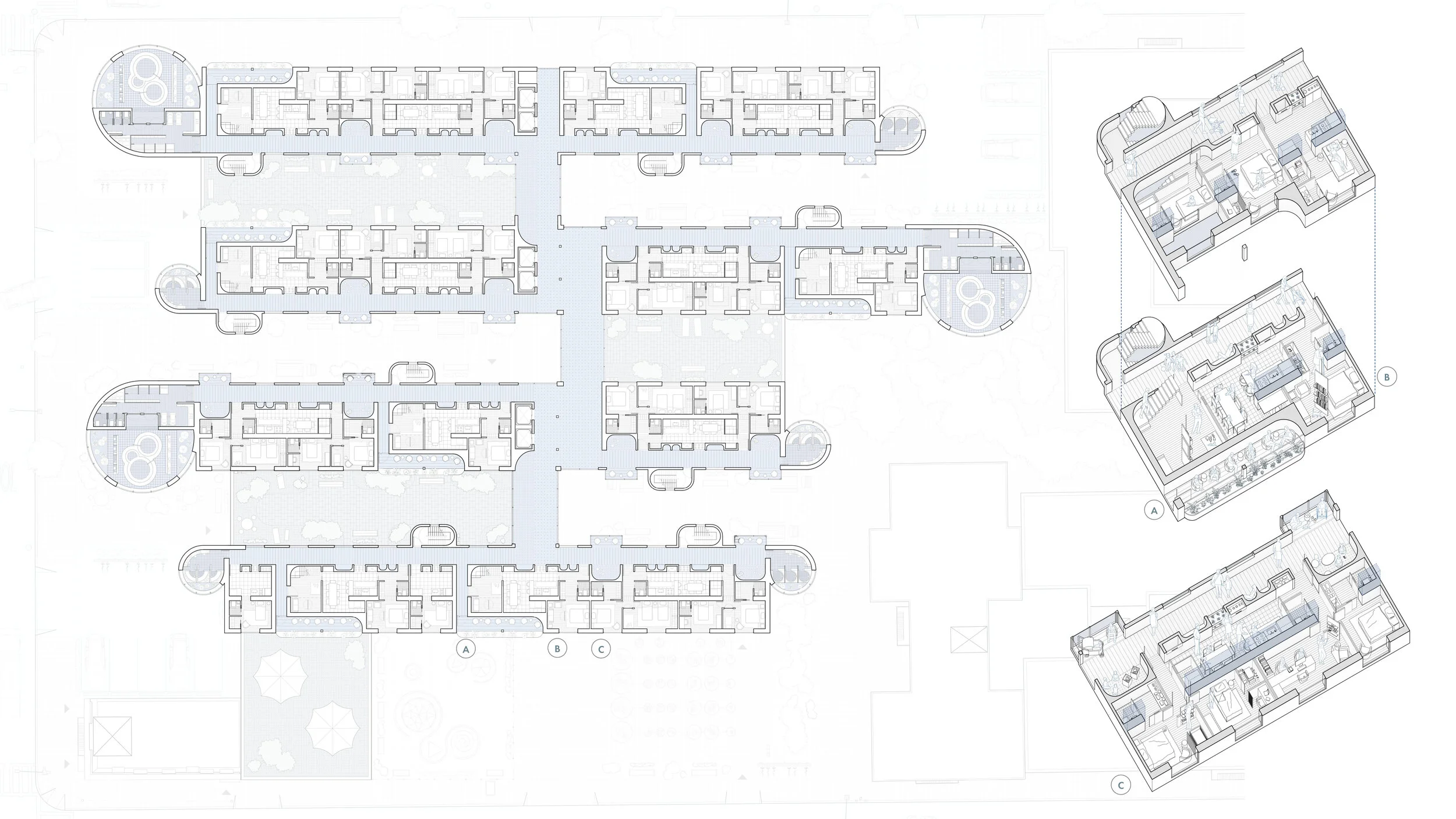 The plans follow our wet fixed band, where water fixtures are located, allowing flexibility for the rest of the unit. This allows different configurations to create various relationships between the units. Since the building supports single parents,…