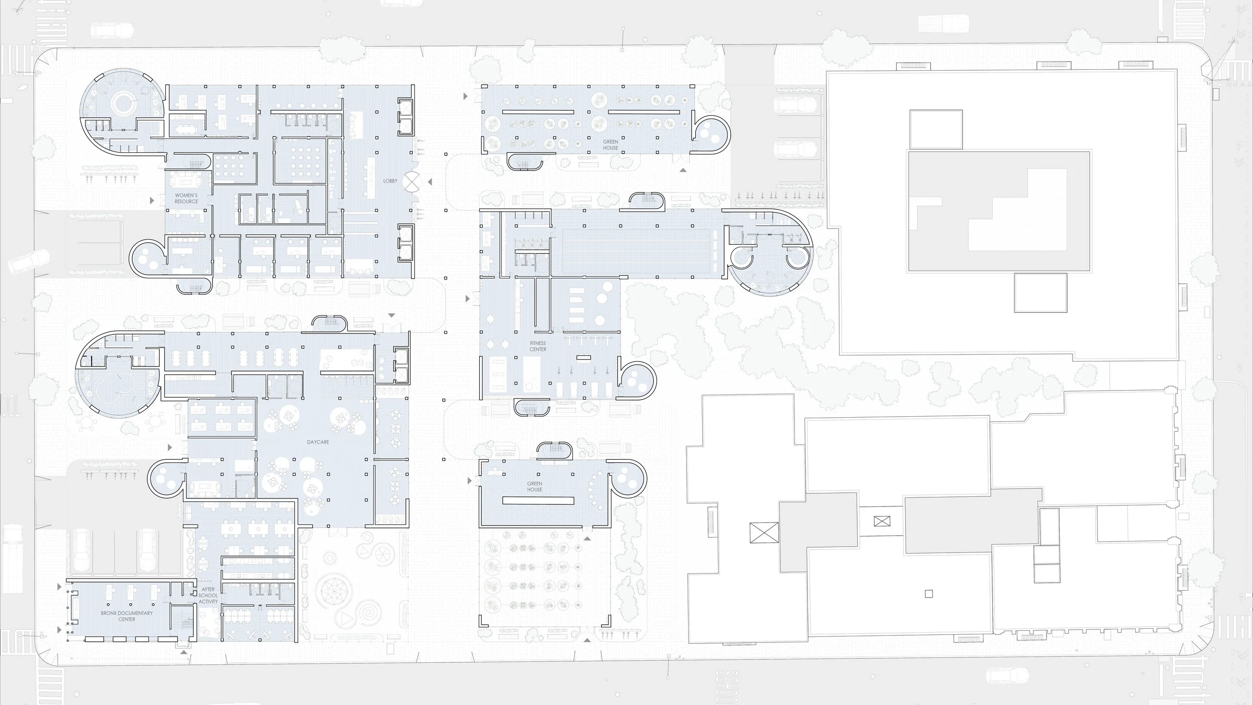 The program at the ground is a direct extension of the rest of the building. This provides infrastructure and resources to not only people who live in the apartment complex but to the whole community. It lifts at the ground, bisecting the ground flo…