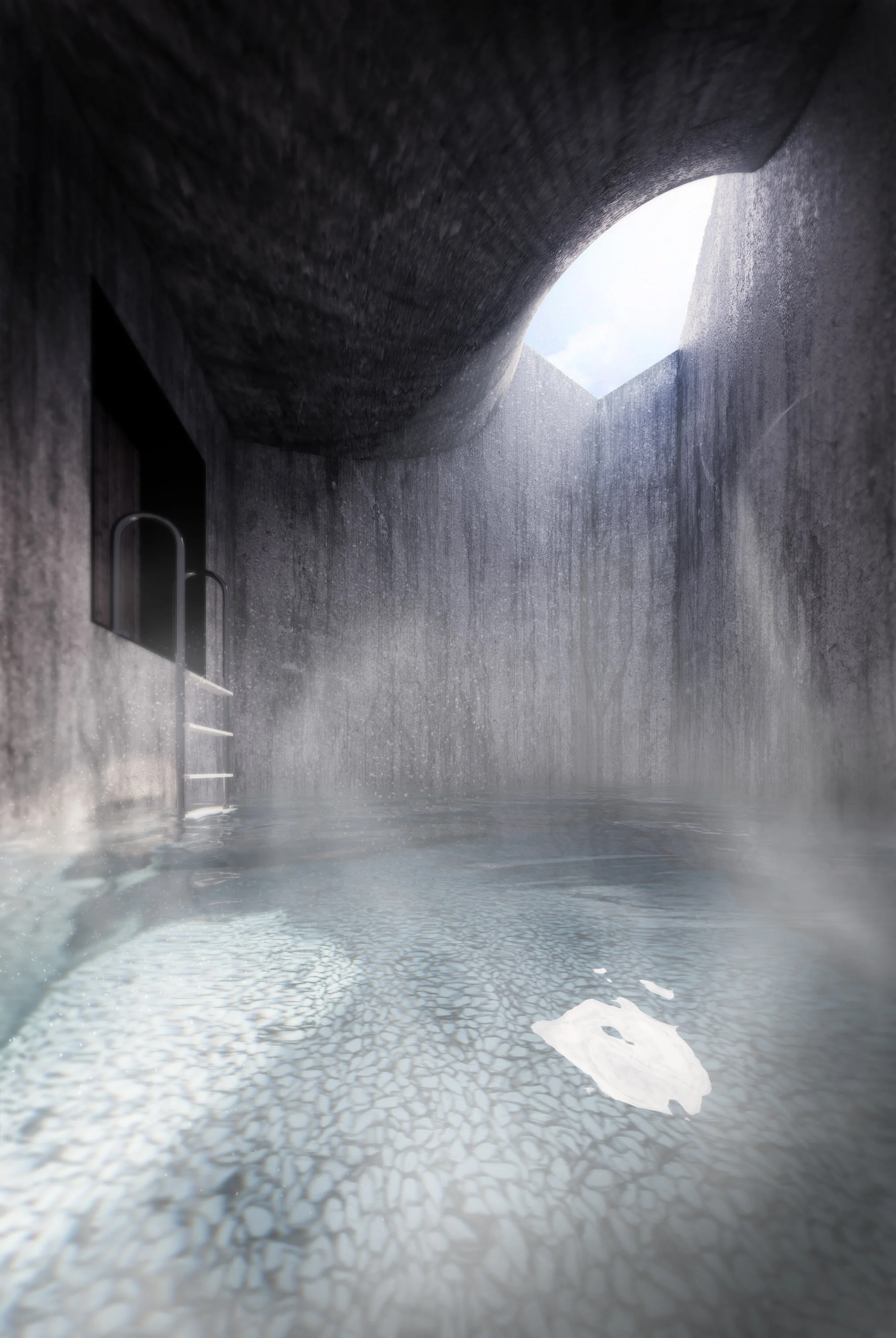 The Encounter: Employment of soft lighting to enhance the form of the building in addition to the exploration of reflection, refraction, and steam.