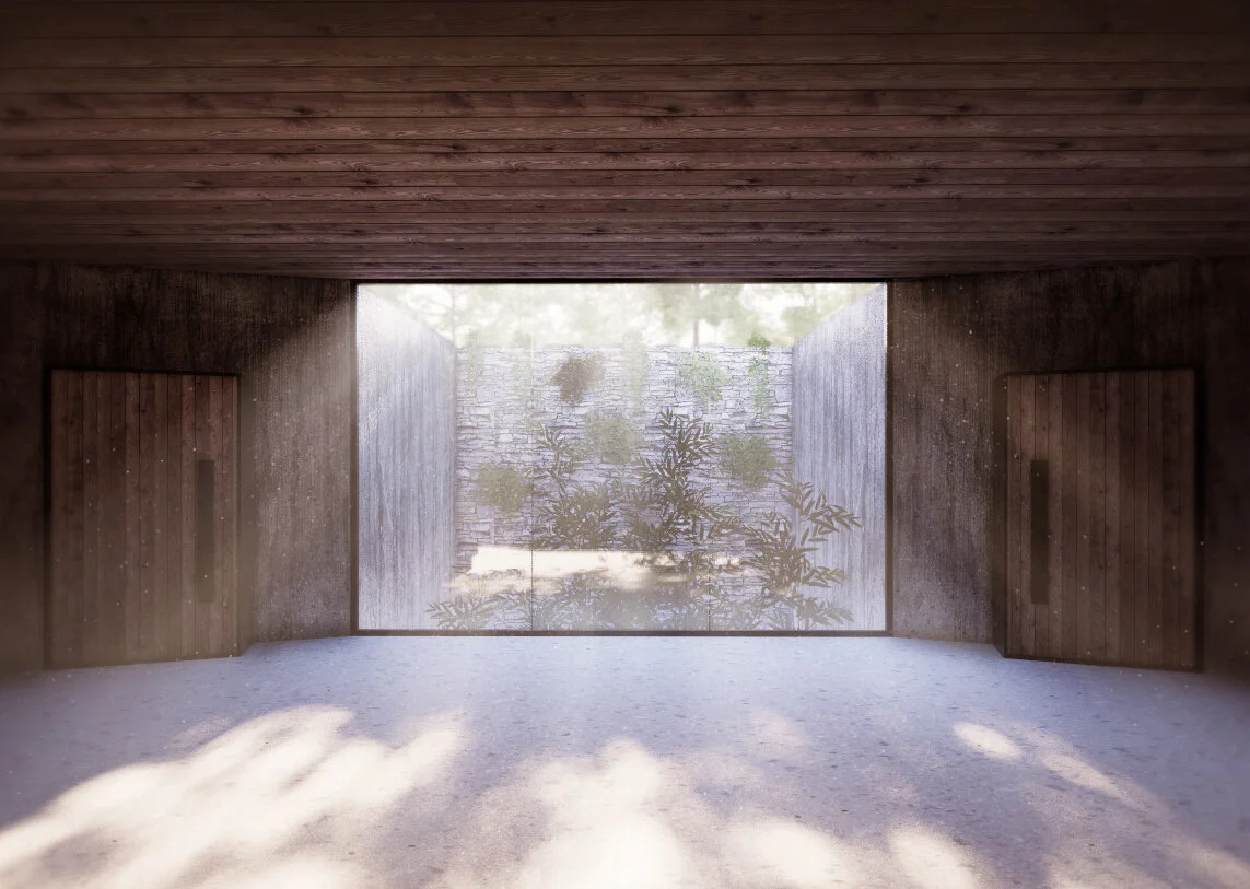 The Contemplation:  Investigation of symmetry and interior lighting as a strategy to enhance the materiality and shape of the building.