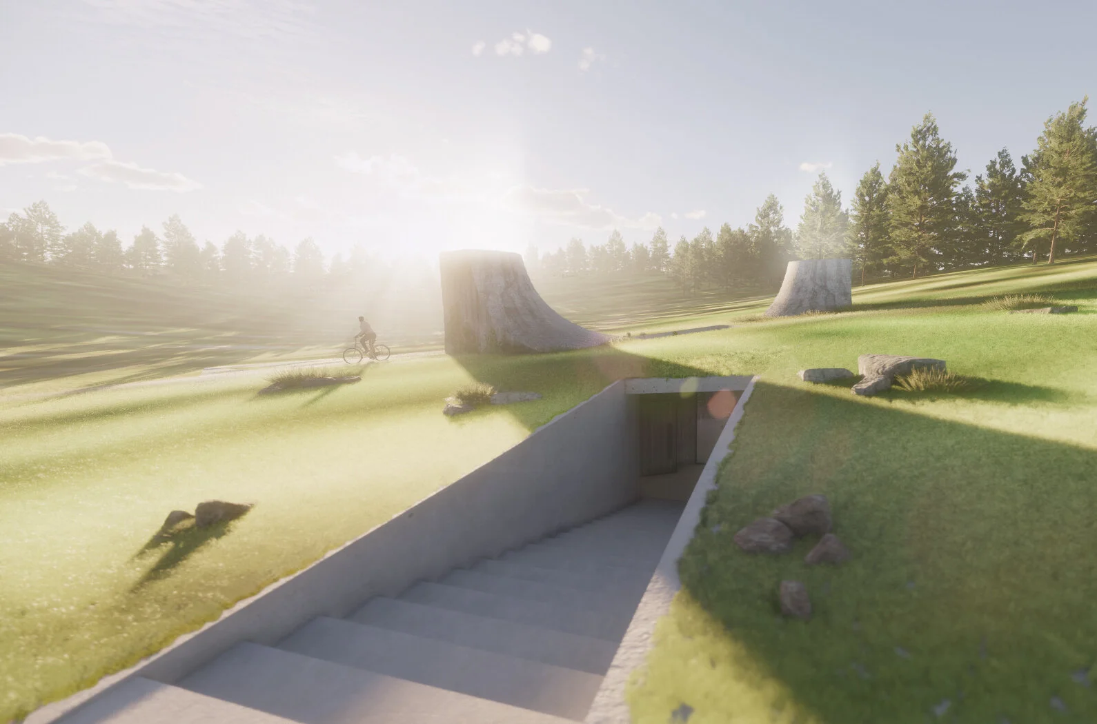 The Journey: Exploration creating landscapes and morning lighting employing one-point perspective and rule of thirds to pull in the viewer from the landscape into the building.