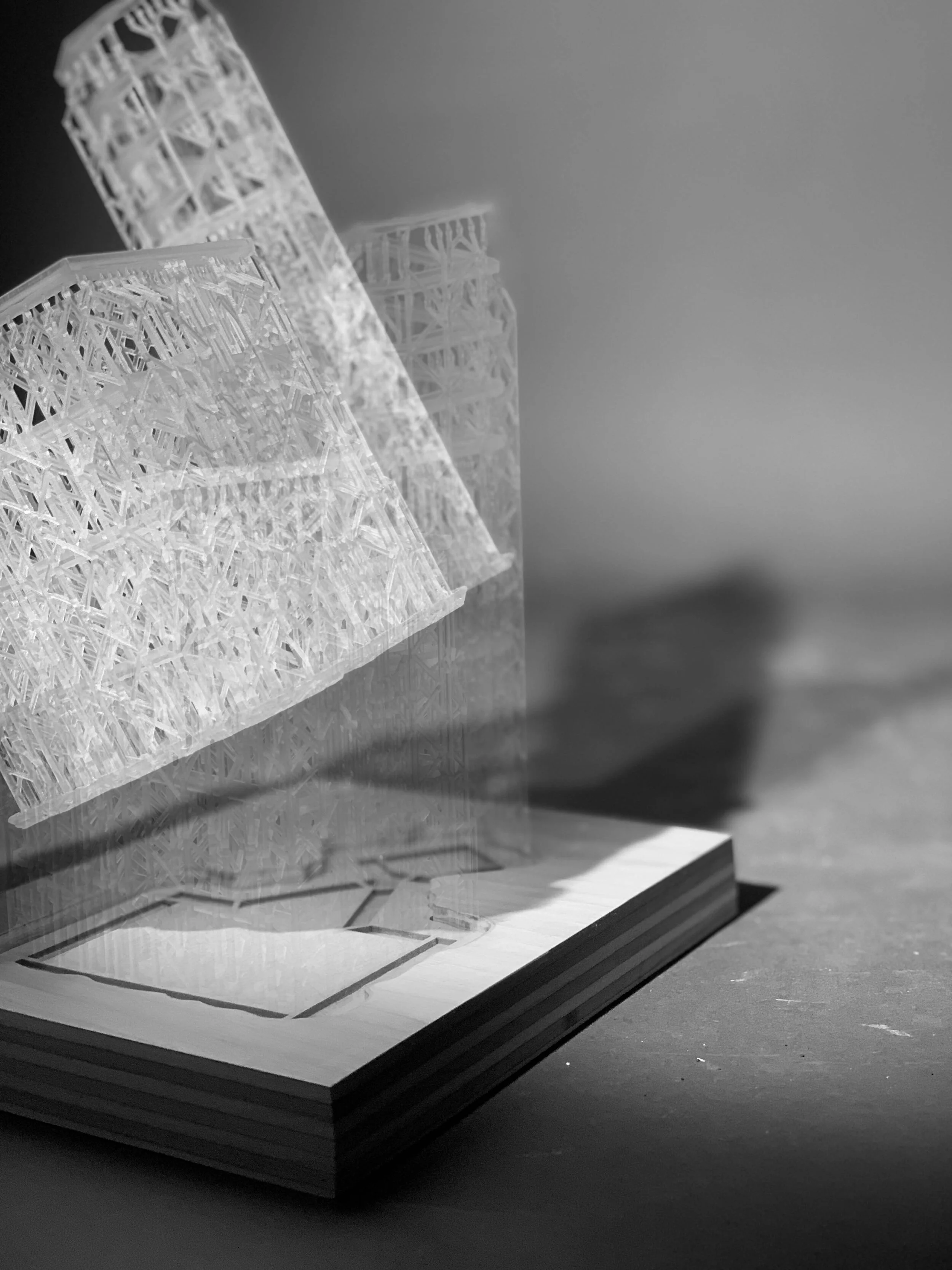 The model traces the circulation of the two towers connected by the bridges. It allows a marble to simulate people’s movement through the building. The process alternates between digital and analog, and it maintains the resin supports to emphasize the concept of the roller-coaster.