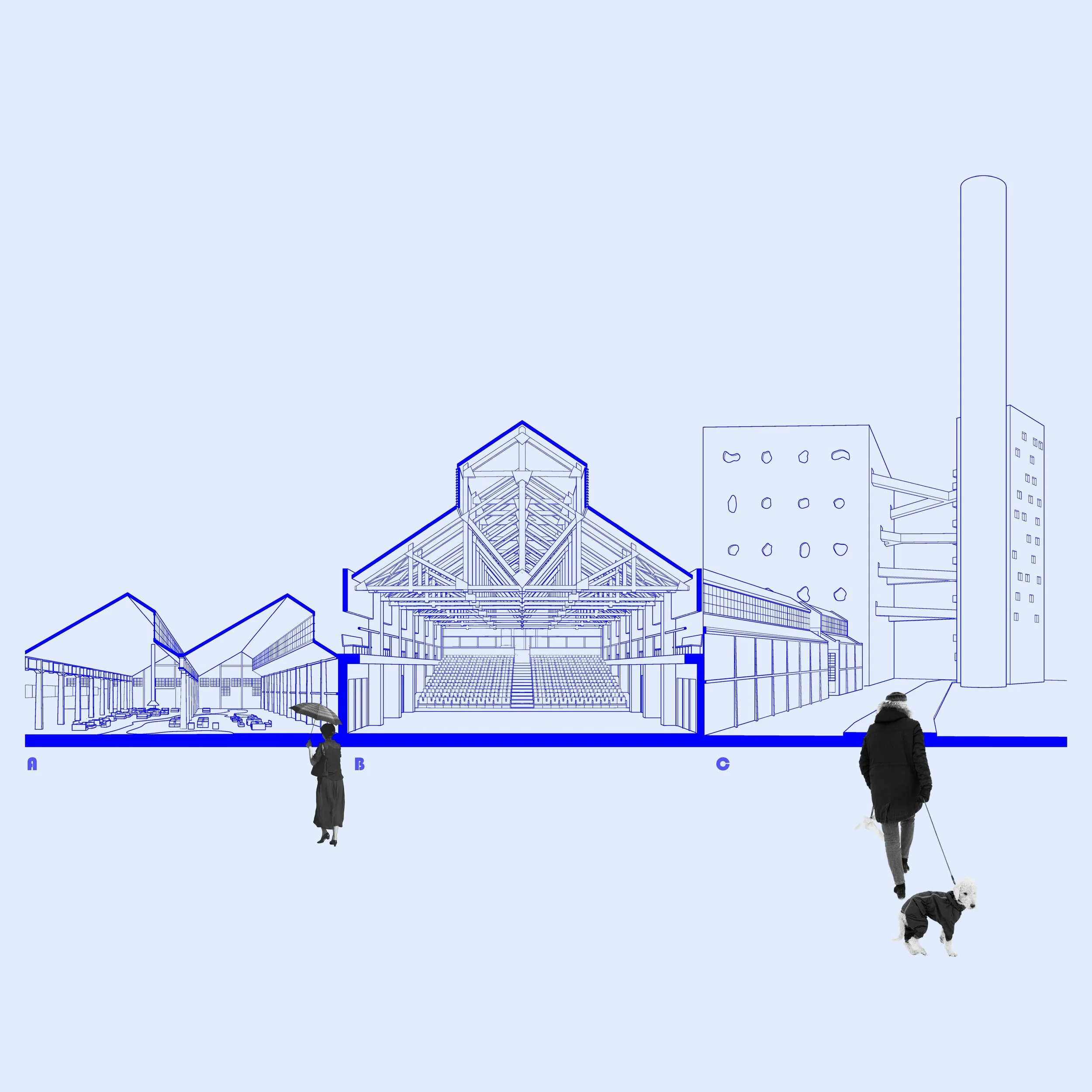 The projection brings forward the structure that allows for open space. In addition, the furniture becomes a suggestion for unprescribed interactions in this open ground for playfulness.