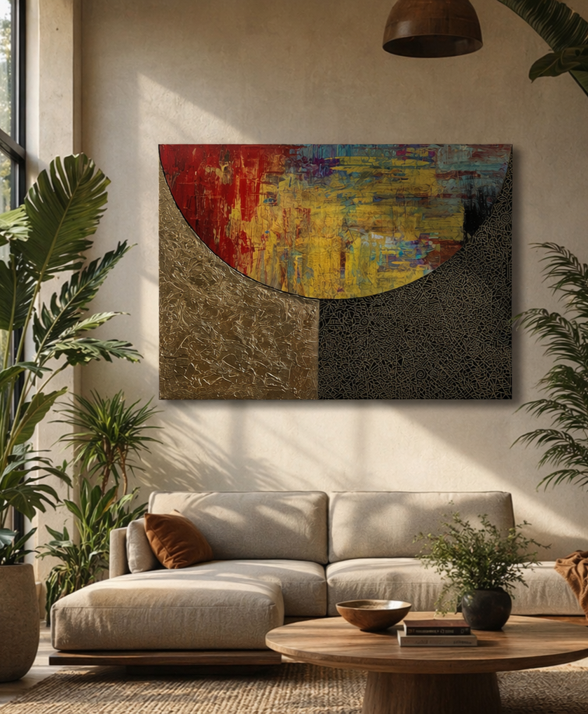 Modern interior living room with abstract DMC Original Art painting featuring colorful semi-circle on textured gold and black backgrounds, beige sofa with brown pillow, wooden coffee table, lush green plants, and natural lighting.