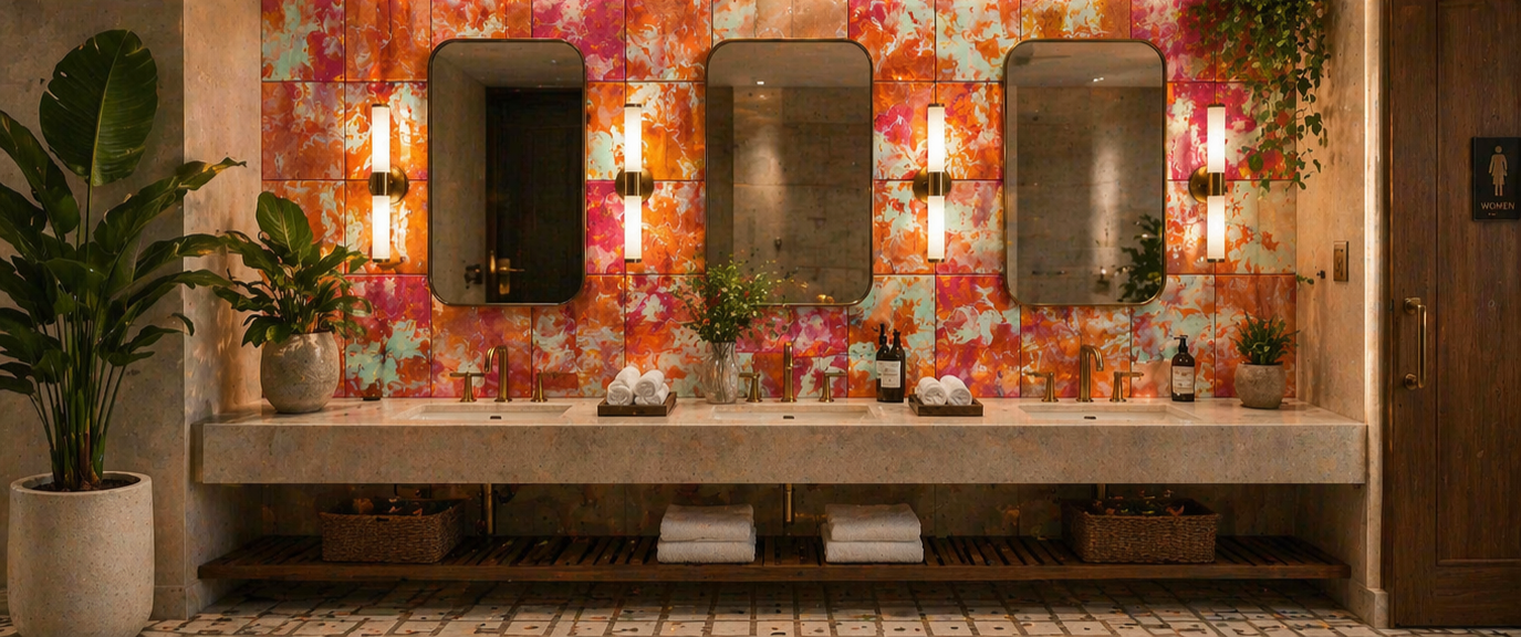 Custom DMC Original Art fluid art tiles in a modern bathroom with a double sink vanity, three mirrors, and colorful floral tile backsplash. Decor includes potted plants, towels, and candleholders.