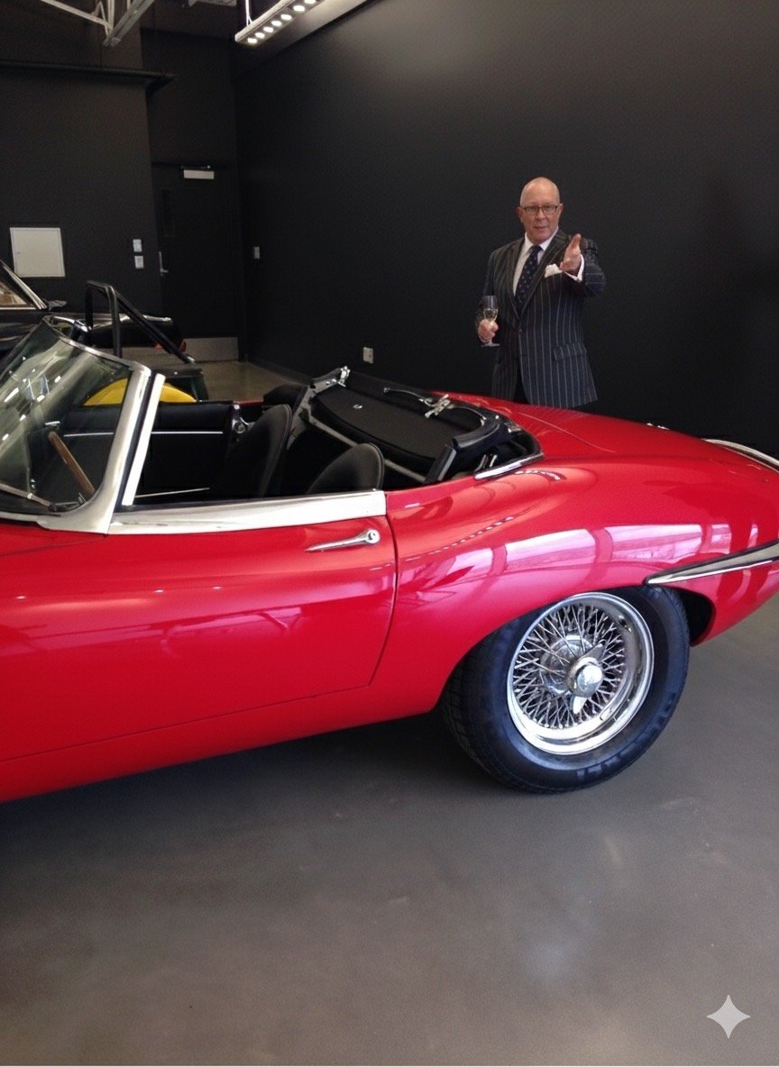 A man in a striped suit holding a glass of champagne standing beside a red vintage convertible car in an indoor setting with a black wall background.