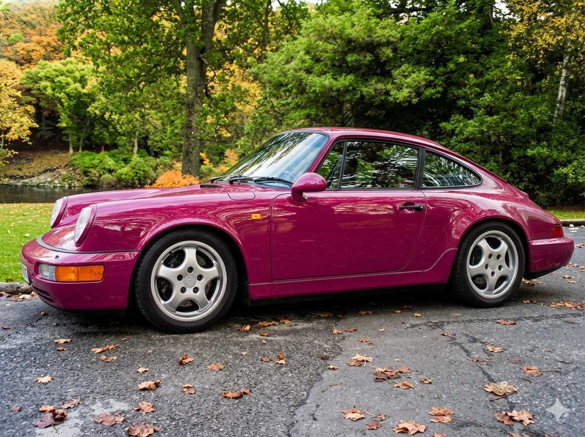 A maroon 1990s Porsche 911 sports car parked on a paved road with fallen leaves, surrounded by green trees and foliage.