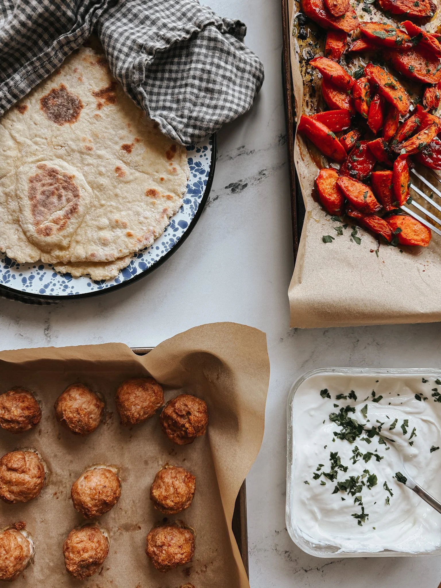 Spiced Meatballs with Honey Roasted Carrots &amp; Lemon Garlic Sauce