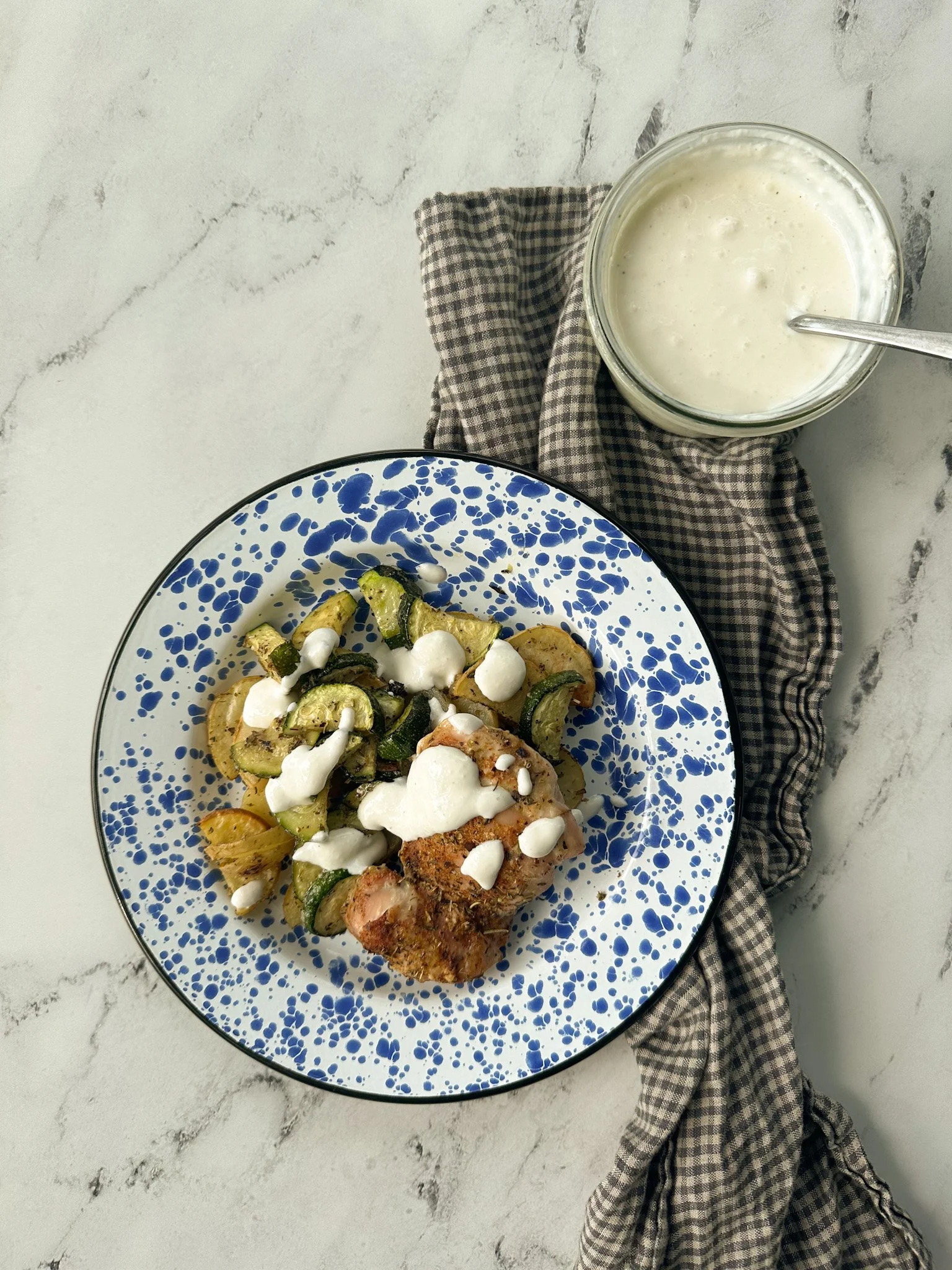 Chicken Thigh Sheet Pan Dinner with Garlic Parm Sauce